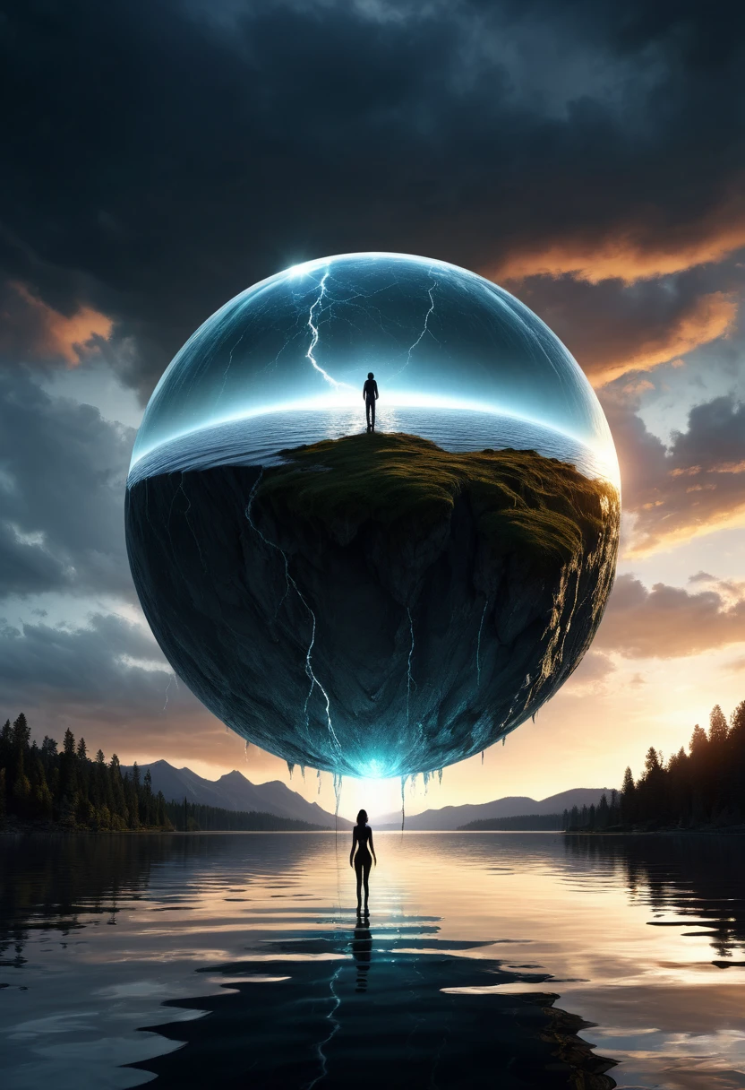 photorealistic, amazing quality, masterpiece, hyper detailed, UHD, hyperrealism, still lake, peaceful, scenic, massive glowing alien sphere in the sky, perfect reflection in lake, epic scale, alien metallic sphere with seam, glowing with radiation, dark, stormy sky, lightning, impact ripples on the water, small woman watching from shore, back to viewer, tiny human figure silhouette, massive scale, art by George Christakis