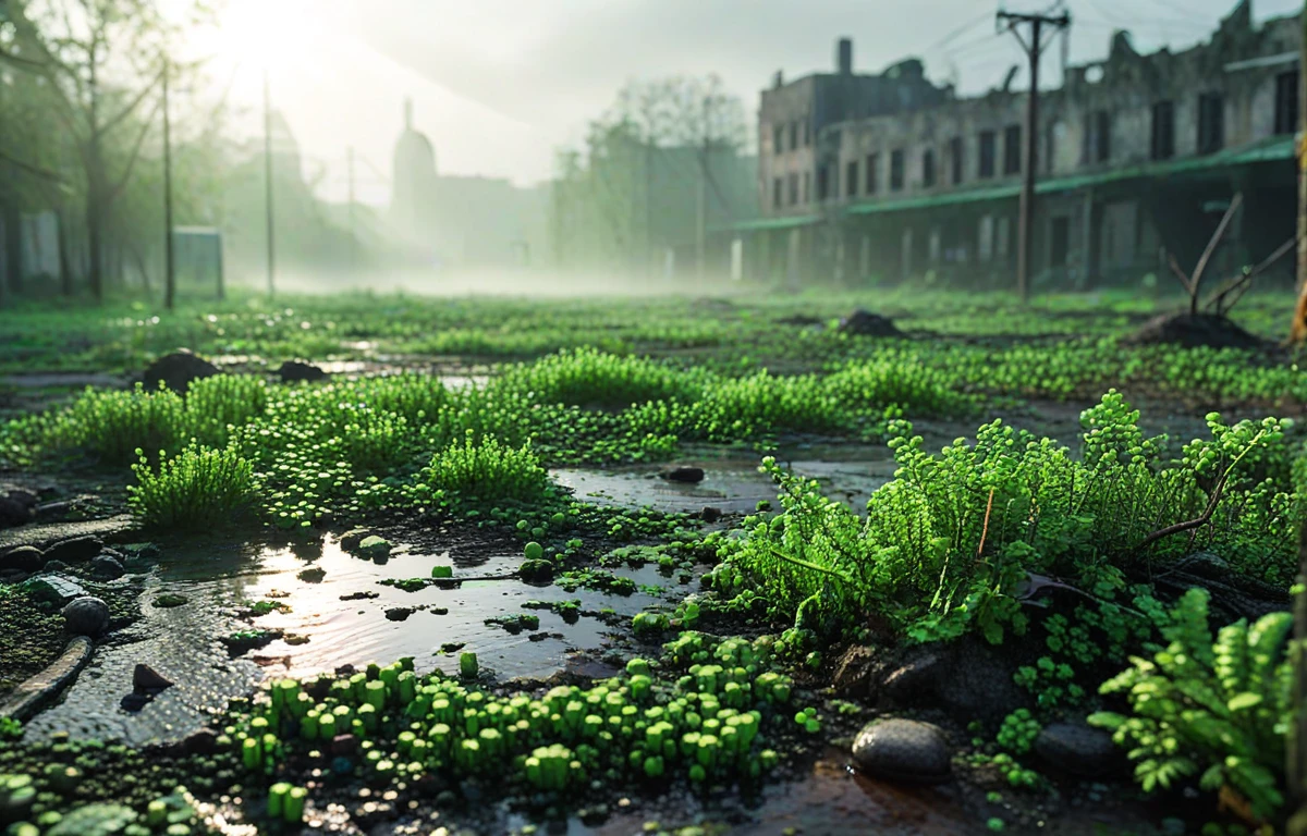 Gl1tchBasalt, abandoned city landscape, Photorealistic 3D game concept with extraterrestrial landscape with ground made of voronoi-shaped prismatic voxels and with low-poly early evening abandoned decaying  urban landscape flooded with dense milky-green fog laying on the ground.( Shallow depth of field, strong swirly bokeh effect, volumetric lighting, light caustics, sun flares, light leaks and subsurface light scattering:1.15) are emphasizing the surreal pleasant intricate picture.
BREAK (shallow depth of field, smooth background with strong swirly bokeh effect:1.25)