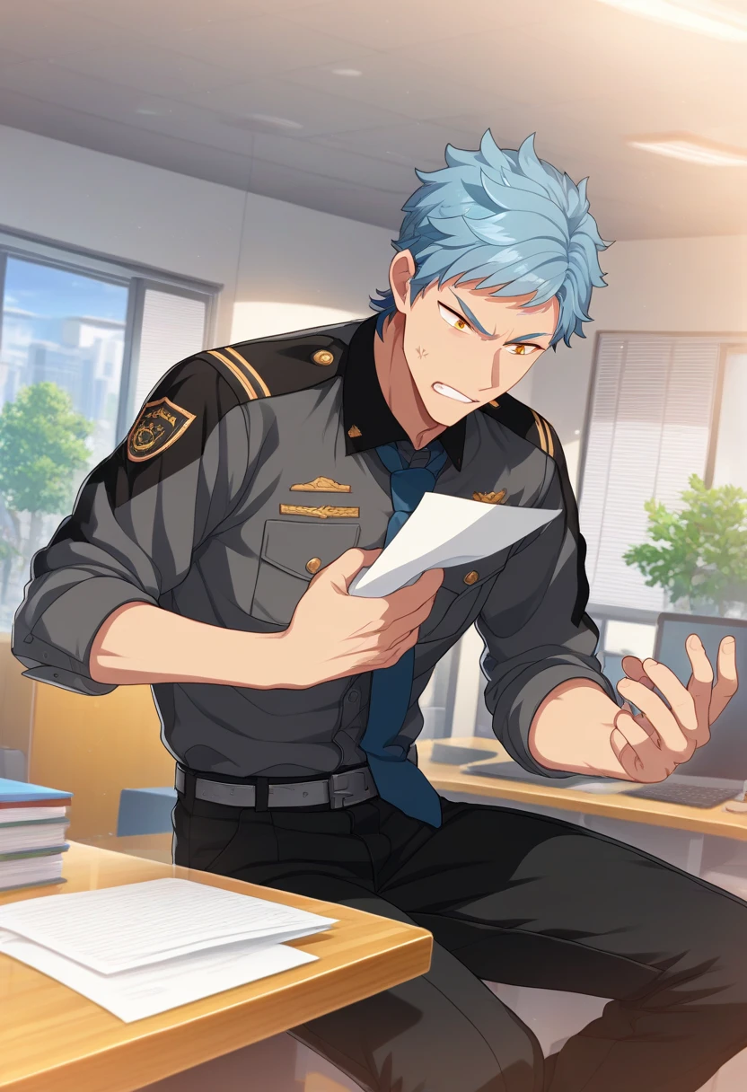 1boy, male focus,
<lora:Character_-_Helios_Rising_Heroes_-_Asch_Albright:1> asch, blue hair, orange eyes,
((zPDXL)), score_9_up, score_8_up, score_7_up, score_6_up, score_5_up, score_4_up, best quality, amazing quality, best aesthetic, absurdres, year2023, nsfw, game cg, official art, official style, anime screencap,
indoor, office, desk, sitting on desk, black pants, police uniform, blue necktie, holding paper, angry, belt,