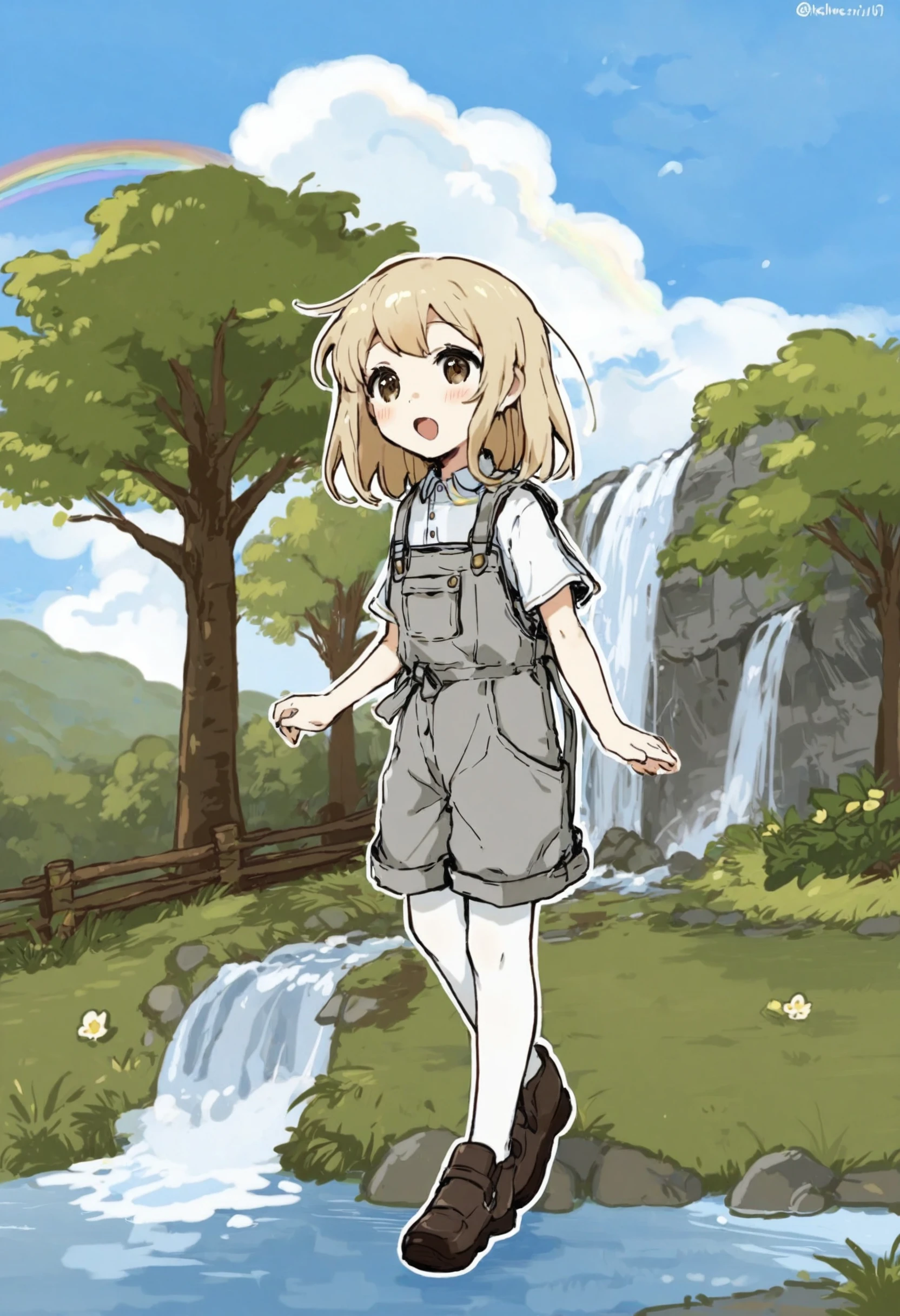 masterpiece, best quality,1girl, solo, (outline:1.3), white pantyhose, 1011, waterfall, rainbow, scenery, sky, cloud, white outline, blue sky, shoes, grey overalls, overalls, flat chest, open mouth, medium hair, tree, twitter username, pantyhose, blush, blonde hair, brown footwear, grass, twitter logo, brown hair
<lora:killowXLlokr8f-000178:0.95>