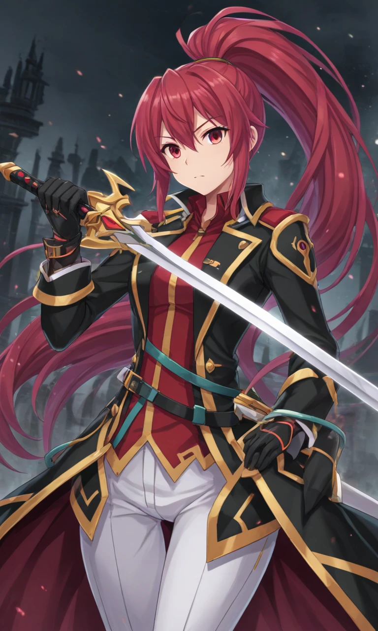 ElesisSieghart, solo, long hair, red shirt, red eyes, black gloves, long sleeves, high ponytail, sidelocks, red hair, white pants, black coat, open coat, elesis (elsword), weapon, sword, ponytail, holding weapon, holding