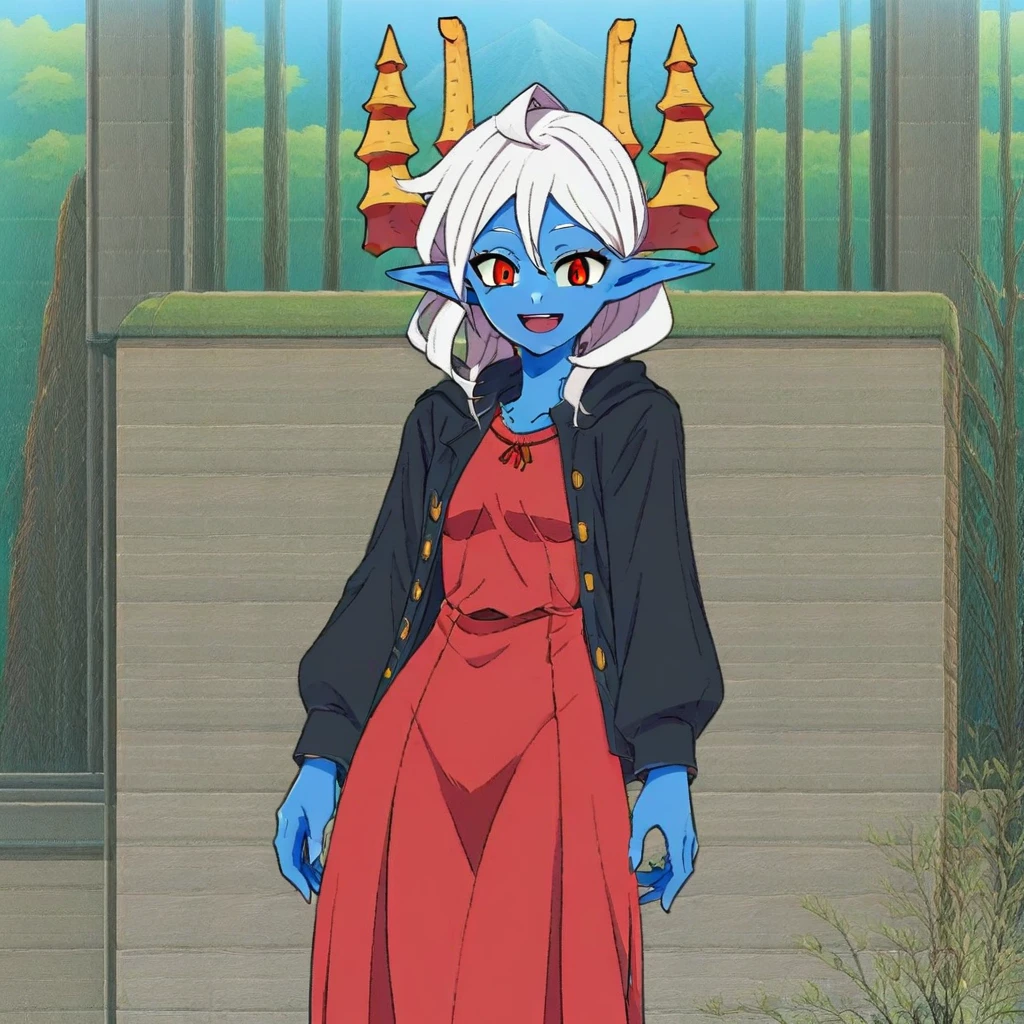 1girl, solo, white hair, colored skin, blue skin, smile, open mouth, horns, pointy ears, black jacket, red dress, outdoors,