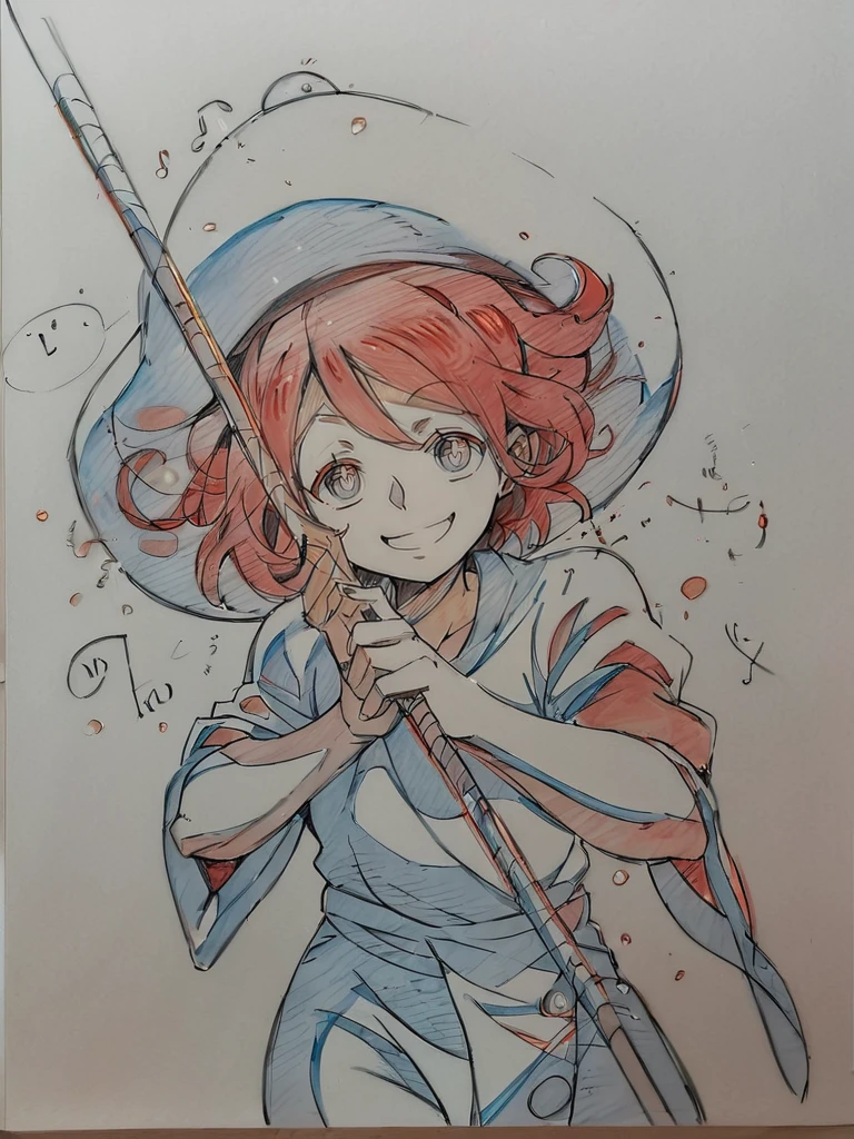 score_9, score_8_up, score_7_up, cute girl, musical note, tunic, magical staff, red hair, big hat, epic pose, light smile, bright pupils, particles around, splash art, pants, looking at viewer, cowboy shot, dynamic pose, smile, cute, wide shot, solo, dutch angle, simple background, very shy,
<lora:KeyFrameXLP_Style:1>KeyFrameXLP, color trace, traditional media, sketch, colored pencil (medium), monochrome, txt, keyframe,