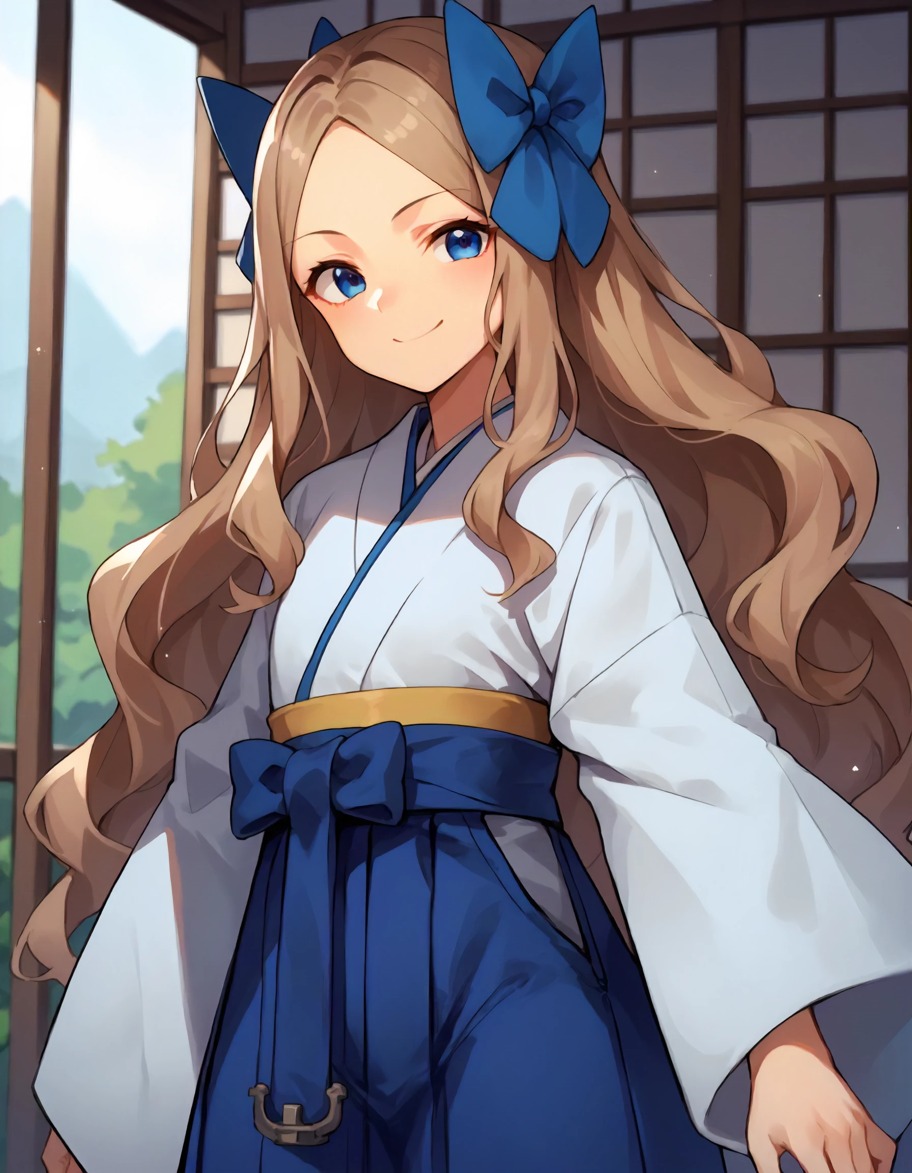 score_9,score_8_up,score_7_up,source_anime,
1girl,solo,cowboy shot,looking at viewer,smile,(smug:0.4),
<lora:asakaze_ponyXLV6:0.6>,kcaskz,light brown hair,long hair,wavy hair,parted bangs,forehead,
blue eyes,blue bow,
japanese clothes,white kimono,blue hakama skirt