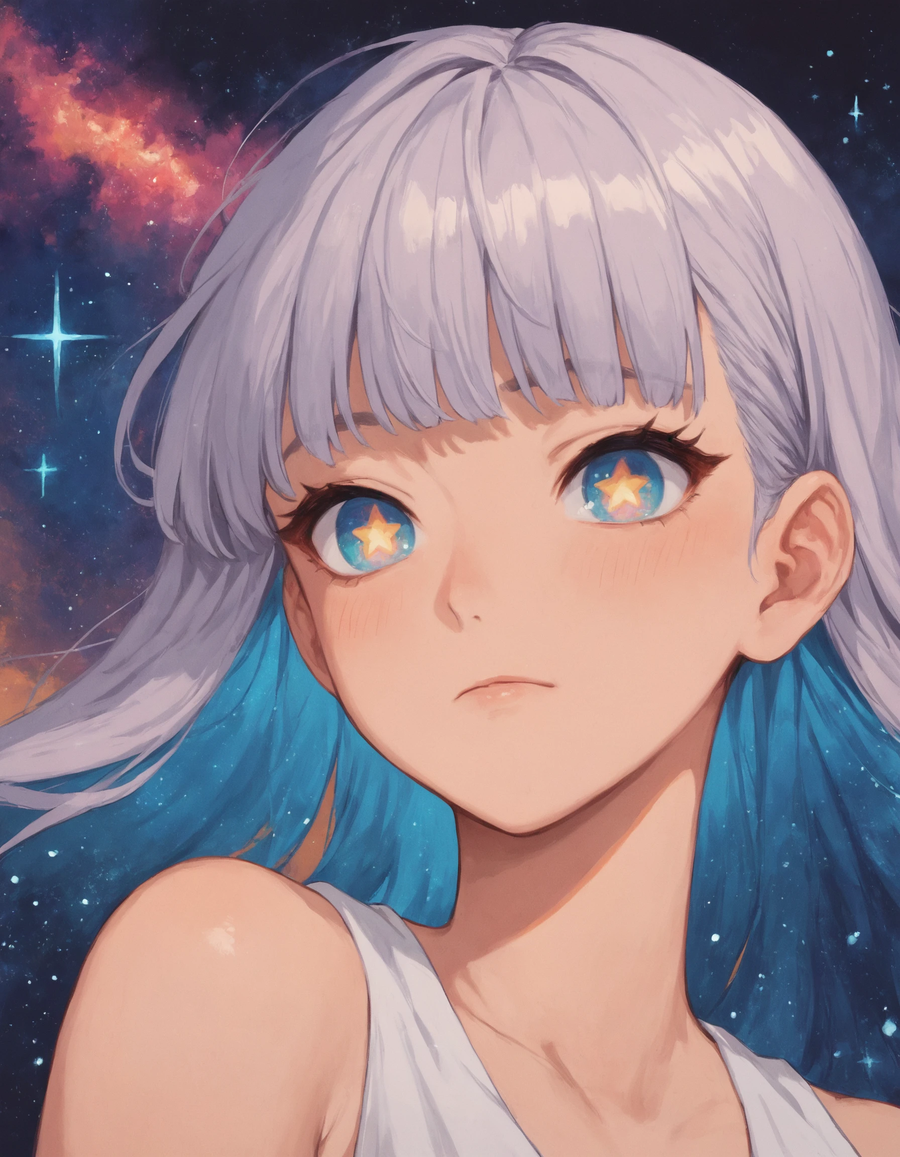 score_9, score_8_up, score_7_up, score_6_up, score_5_up, rating_questionable,  source_anime, <lora:rain-style:1>, 1girl, portrait, galaxy pupils, close up, multicolored hair, fringe, bare shoulders