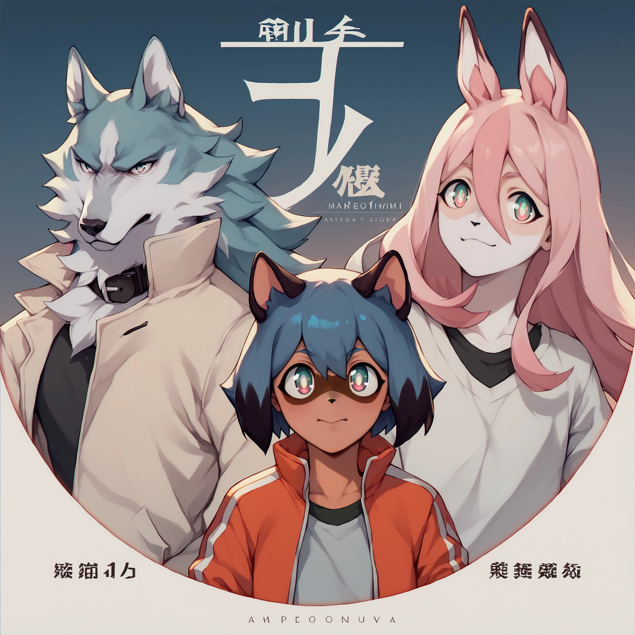 score_9, score_8_up, score_7_up, <lora:ShirouOgamiPonyXL:1>, trio, shirou ogami, wolf, michiru kagemori, tanuki, nazuna hiwatashi, fox, cover art