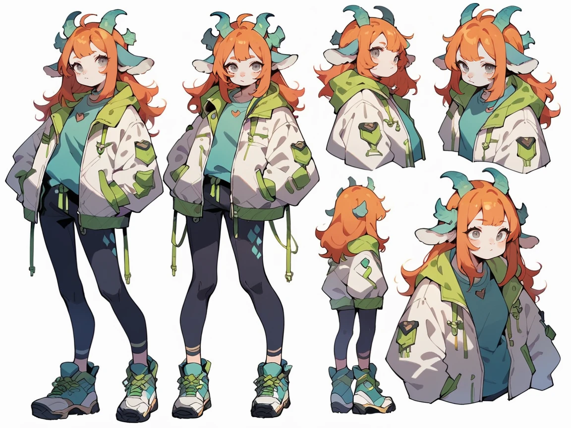 score_9, score_8_up, score_7_up, score_6_up,  <lora:cut3ch4rXLP:0.8> cut3ch4r, 1girl, multiple views, jacket, long hair, (green|blue goat horns), white background, ginger hair, plump, grey eyes,