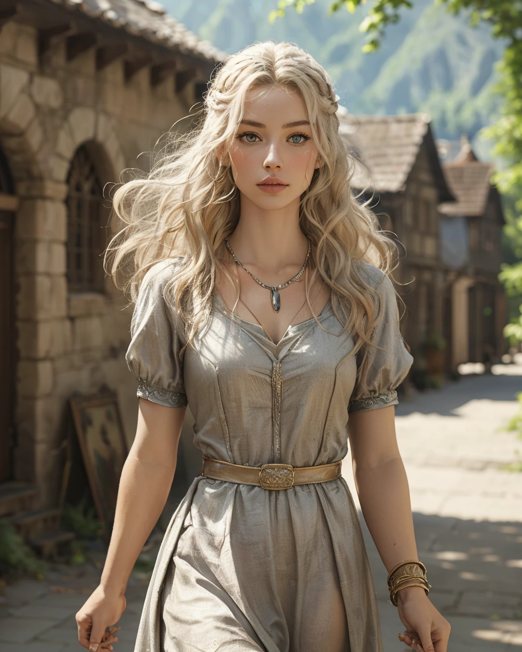 best quality, masterpiece, raw, realistic,

rpgelf walking towards the viewer in a medieval town, 
female, 1girl, necklace, 
blonde hair, long hair, outdoors,
green eyes, jewelry, dress, sword:1.2,

sunny day, blue skies,
natural light,

depth of field, blurry background,