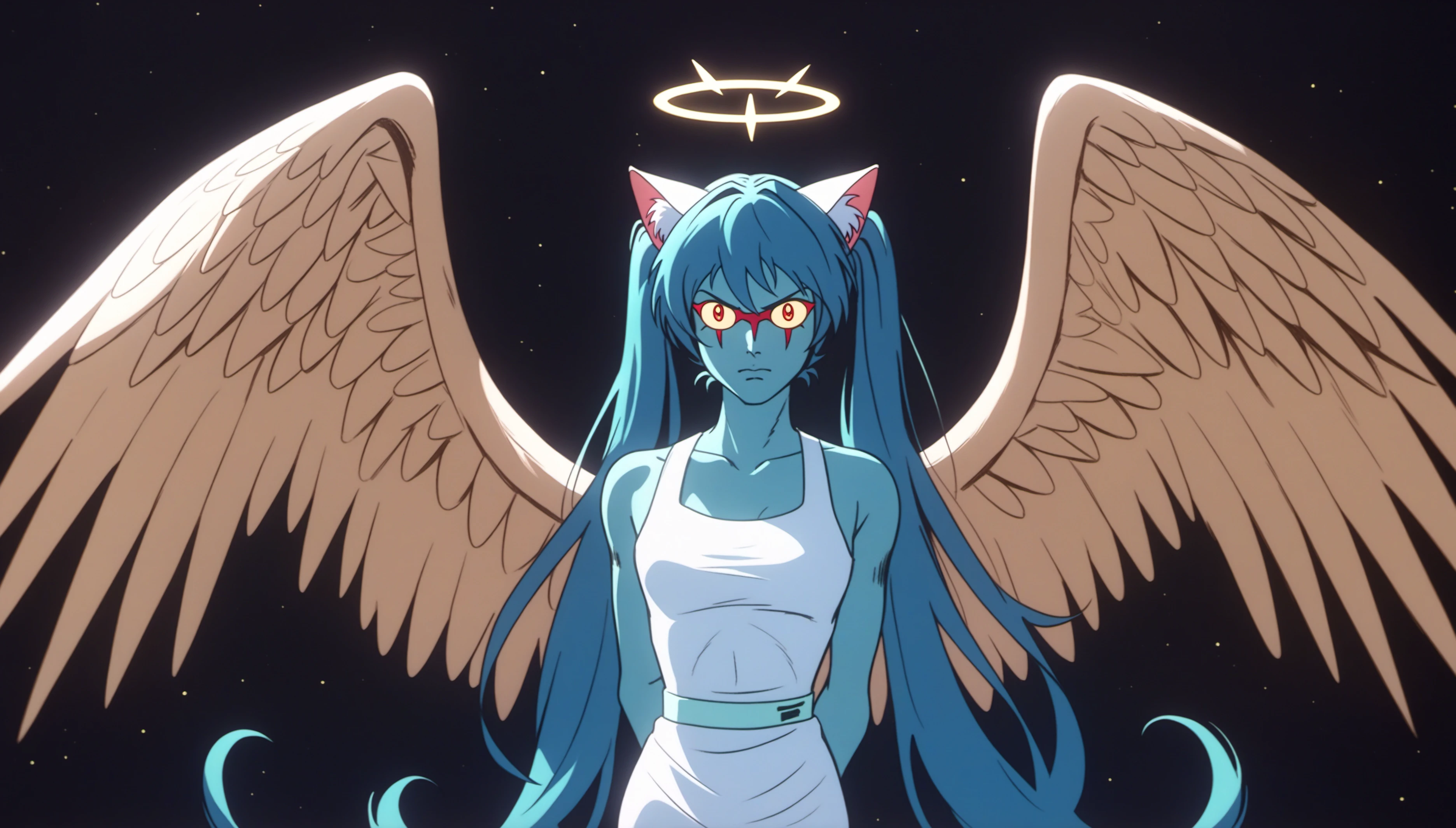 (DZVZRG:0.8), (score_9, score_8_up, score_7_up, score_6_up, source_anime:0.7), (MCDevil:1.1), solo, 1girl, catgirl, hatsune miku, long twintails, blue hair, white gown, angel, angel wings, golden halo, dark background, upper body, closed mouth, blue skin, looking at viewer, arms behind back, blue theme, night, highres, 4k, 8k, intricate detail, cinematic lighting, amazing quality, amazing shading, soft lighting, Detailed Illustration, anime style, wallpaper, white animal ear fluff