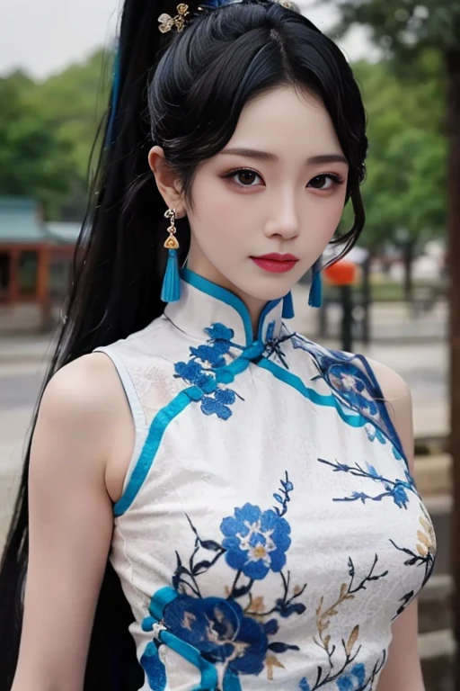 ltra-detailed,highly detailed,best quality,masterpiece,illustration,realistic,photorealistic,
yaodaoji, qinghuaci,
1girl, solo,
qipao, china dress, chinese clothes,
ponytail, hair ornament, long hair,
jewelry, earrings,
looking at viewer, upper body,
outdoors, nature, photo background, night,
<lora:yaodaoji_qhc_v1_08:0.6>
