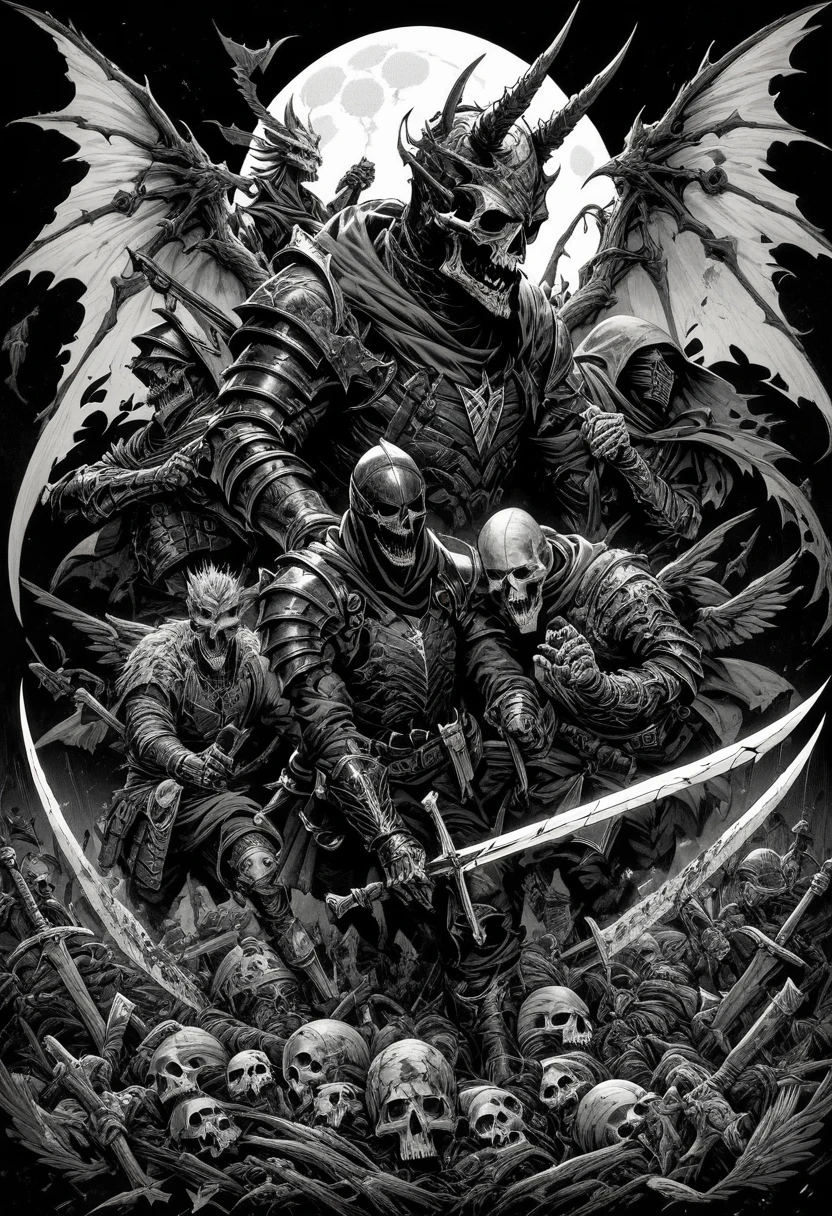 (score_9, score_8_up), score_7_up, zPDXL, looking at viewer, holding, weapon, multiple boys, wings, sword, hood, holding weapon, armor, holding sword, moon, helmet, hood up, 6+boys, demon wings, skull, scythe, multiple others, skeleton, full armor, 6+others, undead, monochrome, greyscale <lora:GRIM_v1:0.9>