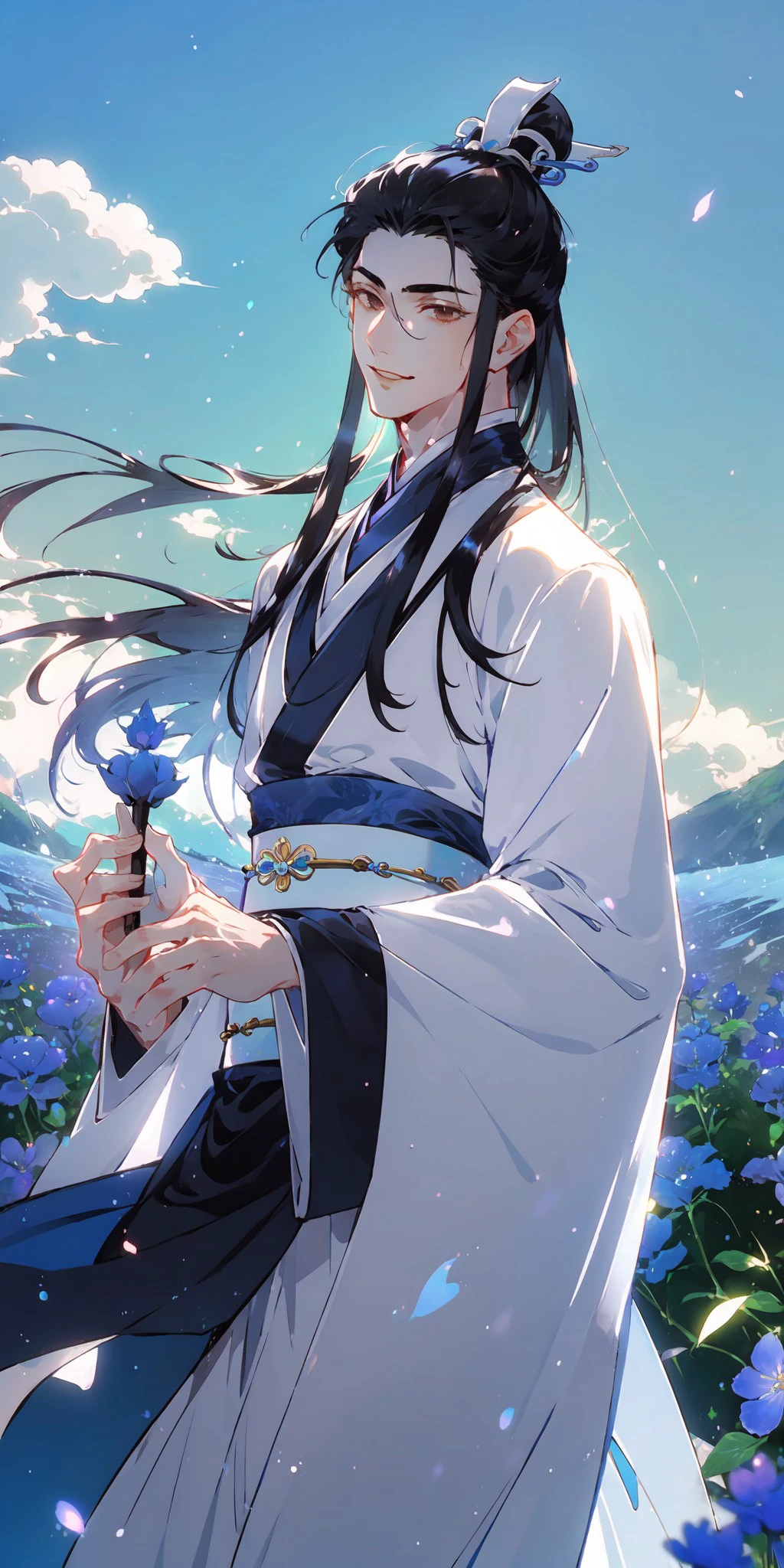 (half body) (masterpiece), best quality, expressive brown eyes, long eyelashes, perfect face male face, 1boy, long hair, ebony black hair, long hair, separated hair, bangs pinned back, sweet smile, wearing a white hanfu, Chinese clothes, hands holding a Chinese flute in a beuatiful flower field, with blue sky, greentrees, brushes, blue flowers, natural light, 1boy, white hanfu, forehead ribbon, long hair, brown eyes, Lan xichen, loraeyes, taoist, ming style, , <lora:1ec29057-50b9-4b9e-a340-5dbf91bafe48:0.4>, <lora:84c440d3-ea3c-454d-8ab3-71a1ae2f8ea2:0.4>, <lora:taoist:0.3>, <lora:hanfu_v30:0.3>, <lora:ac8e3a93-fc4e-4fc7-94b5-1b6d2bd4263e:0.3>, <lora:6f3a2b85-aa03-4ab1-9f9a-e816ad4b1121:0.7>, <lora:beautiful_detailed_eyes:0.9>