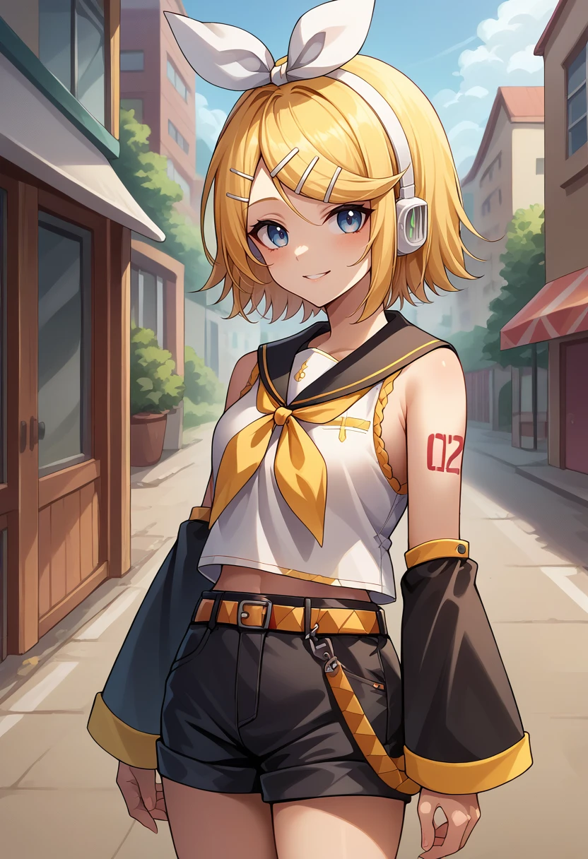 score_9, score_8_up, source_anime, 1girl, solo, KagamineBase, short hair, hairclip, white hairband, hair bow, white headphones, shoulder tattoo, number tattoo, black sailor collar, treble clef, white crop top, sleeveless, yellow neckerchief, detached sleeves, black sleeves, black shorts, yellow belt, standing, outdoors, smile, <lora:ChamKagamineRinPonyXL:1>