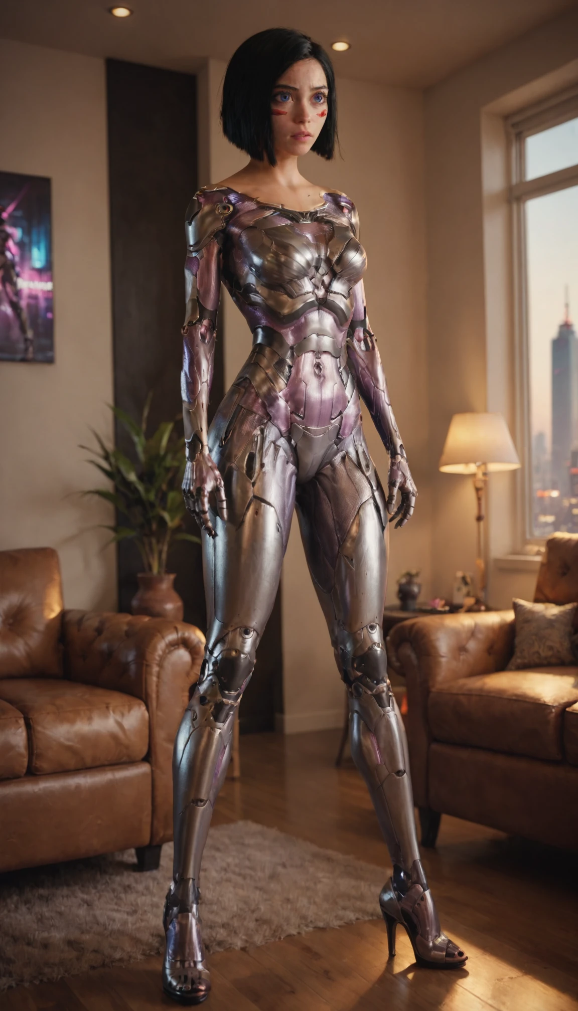 1girl, cyborg, high heels, stand, full body, cyberpunk, future city, Bob Cut, black hair, masterpiece, best quality, 8k, score_9, score_8_up, score_7_up, In a cozy living room