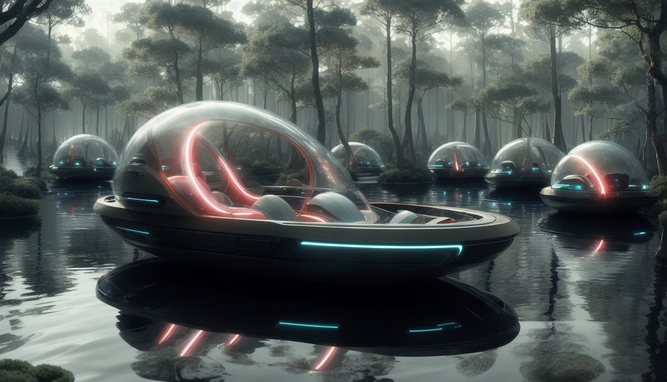 sci-fi, futuristic small sphere boats in a large lake, organic shape, super gloss material, neon light, forest background, mist, wide view, masterpiece

