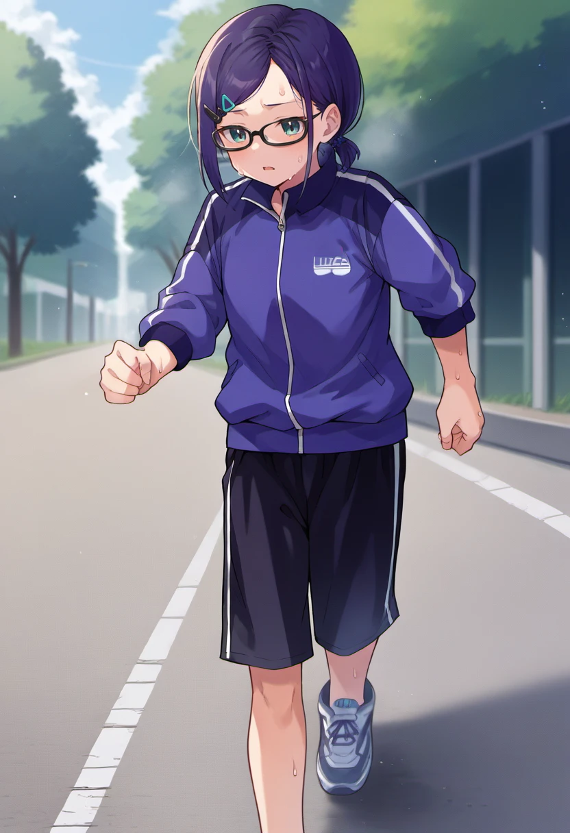 score_9, score_6_up, source_anime, 1girl, solo, outdoors, running, sidewalk, a-chan_3333, blue jacket, track jacket, black shorts, black-framed eyewear, hairclip, sweat <lora:a-chanXL:1>