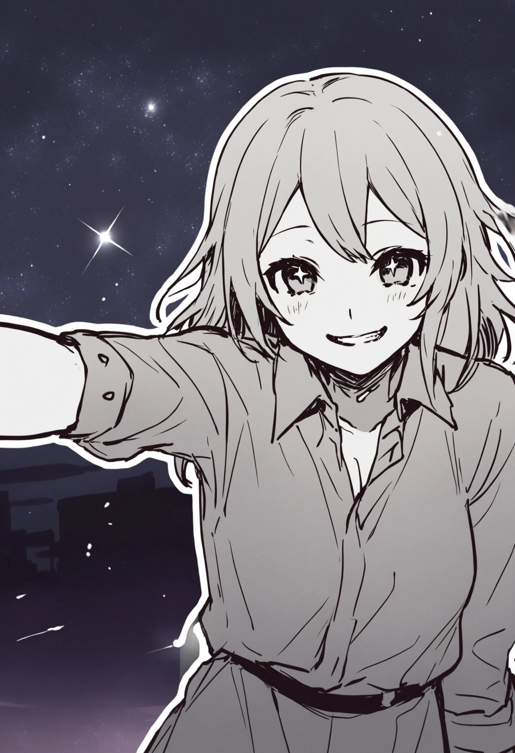 masterpiece, best quality,1girl, solo, (outline:1.3), yandere, scenery, night, star, (sky:1.1), (sky:1.1), starry sky, night sky, grin, smile, upper teeth only, comic, gyaru, monochrome, star \(sky\), teeth
<lora:killowXLlokr8f-000178:0.95>