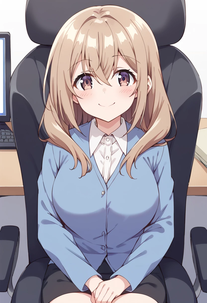 score_9, score_8_up, score_7_up, source_anime BREAK
katase shiori, 1girl, sitting, smile, blush, office lady, office chair, pencil skirt, office, desk, long hair, keyboard \(computer\), purple eyes, brown hair, mouse \(computer\), monitor, looking at viewer, brown eyes, eyebrows visible through hair, solo, hair between eyes, suit, formal, light brown hair, indoors, black skirt, long sleeves, closed mouth, dress shirt, hands on lap, computer, white shirt, medium hair, collared shirt, skirt suit, large breasts, blonde hair, swivel chair, miniskirt, out of frame, business suit, mousepad \(object\), table, blue shirt, v arms, feet out of frame, own hands together, on chair, hands on own thighs, phone, hands on own knees, wing collar, shiny hair, folder, shiny, blue sweater, dot nose, blue cardigan, blue jacket, split mouth
<lora:katase_shiori_sdxl_locon_pony_v1:0.7>
