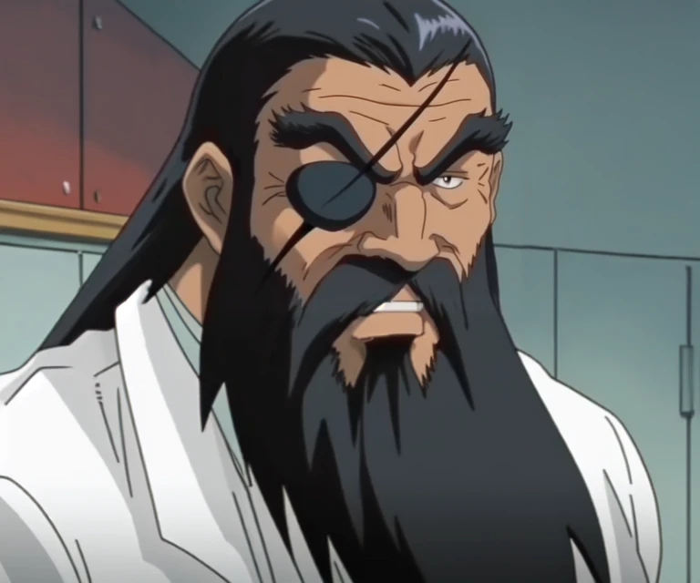 best quality, (1990s anime:1.3), retro anime style, anime screencap, manly mature male , eyepatch, long beard, facial hair, old <lora:sawa_v1:1>