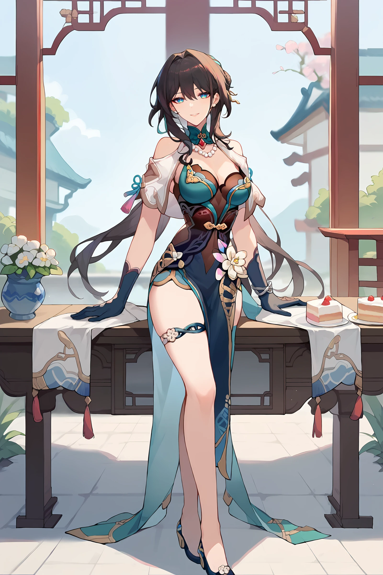 1girl, ruan mei \(honkai: star rail\), solo, china dress, green gloves, hair ornament, detached collar, necklace, capelet, thigh strap, pumps, full body, standing, looking at viewer, smiling, garden, east asian architecture, outdoors, depth of field, table, cake <lora:Style-Expressive_H-pony:0.6>, <lora:style-odanon:0.4>, <lora:Char-HonkaiSR-Ruanmei-Pony-V1:0.9>, score_9, score_8_up, score_7_up