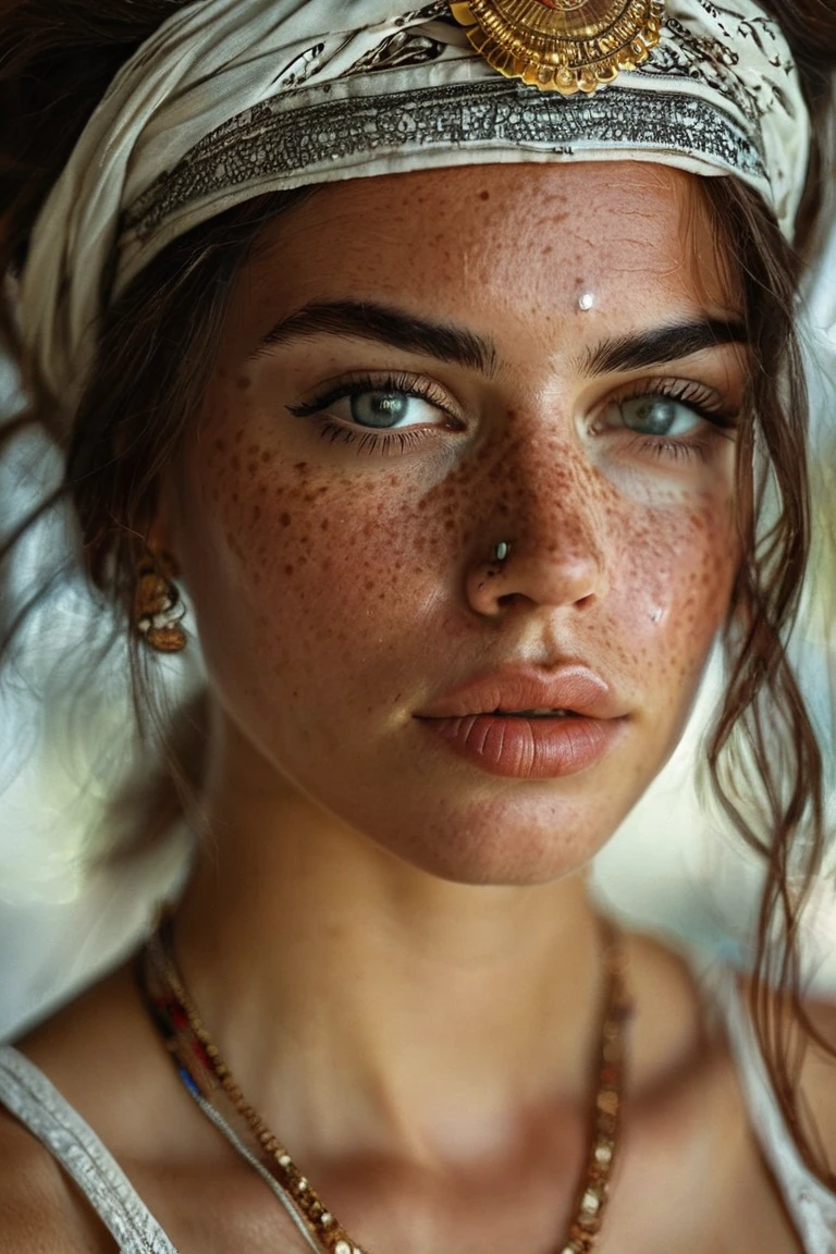 a portrait of an woman with distinctive facial features and adornments, including white freckles on the forehead.<lora:potrait-woman-adafactor-step00000700:0.7>