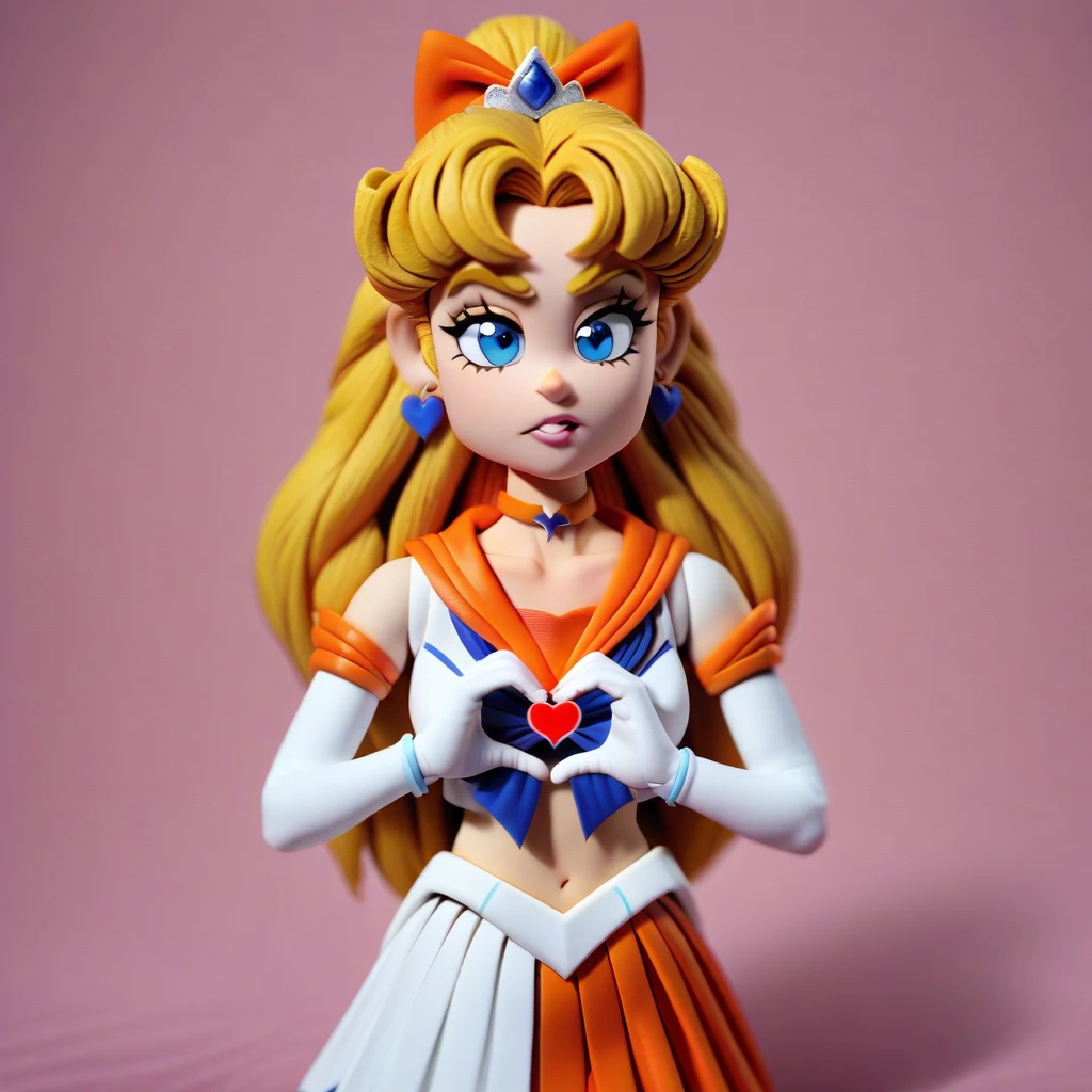 <lora:claymation-style_a31_xl_1:1>,claymation-style,(masterpiece),(best quality),1girl,sailor venus,masterpiece,best quality,very aesthetic,absurdres,aavenus,long hair,blonde hair,hair bow,tiara,blue eyes,earrings,orange choker,collarbone,orange sailor collar,blue bowtie,white shirt,white leotard,elbow gloves,white gloves,pleated skirt,orange skirt,heart hands,