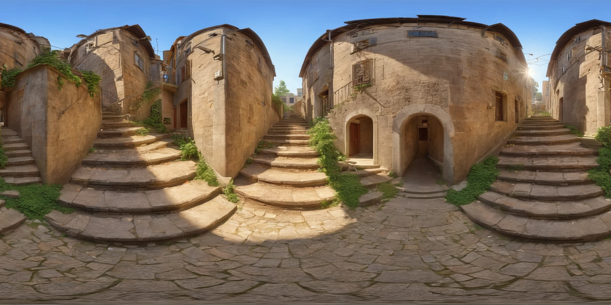 360panorama,Staircase leading to a building,Ascending,Early morning deserted,Weathered stone steps historical architecture,Golden hour light,Non-applicable,Realistic with a touch of nostalgia,Digital art,Architectural Illustration,Warm tones with hints of green from surrounding foliage,3D CGI,4K resolution,<lora:HMSG360è¡éXL-000006:1>,