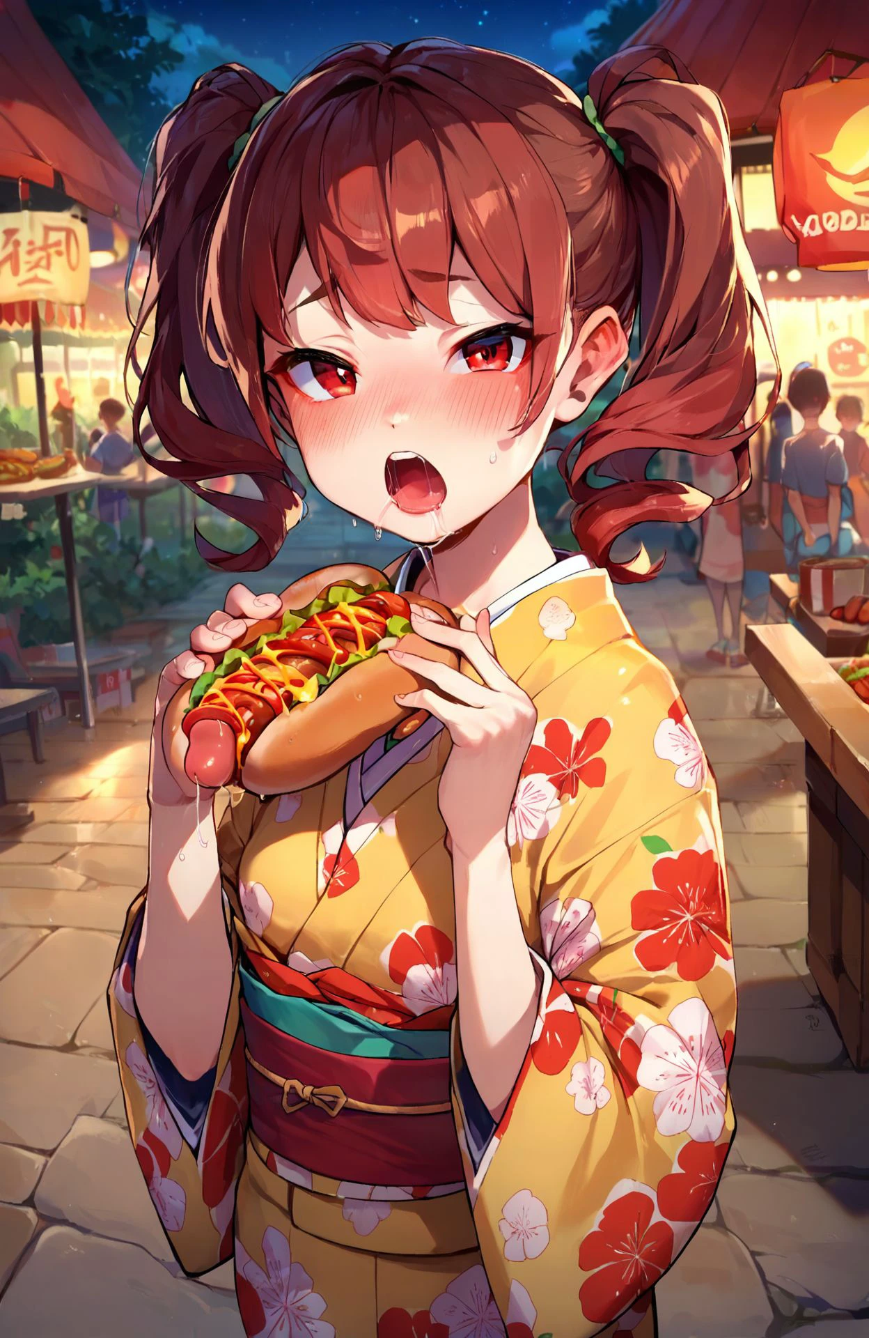 Night festival, girl eating sausage on the stick, smiling, cartoon style image