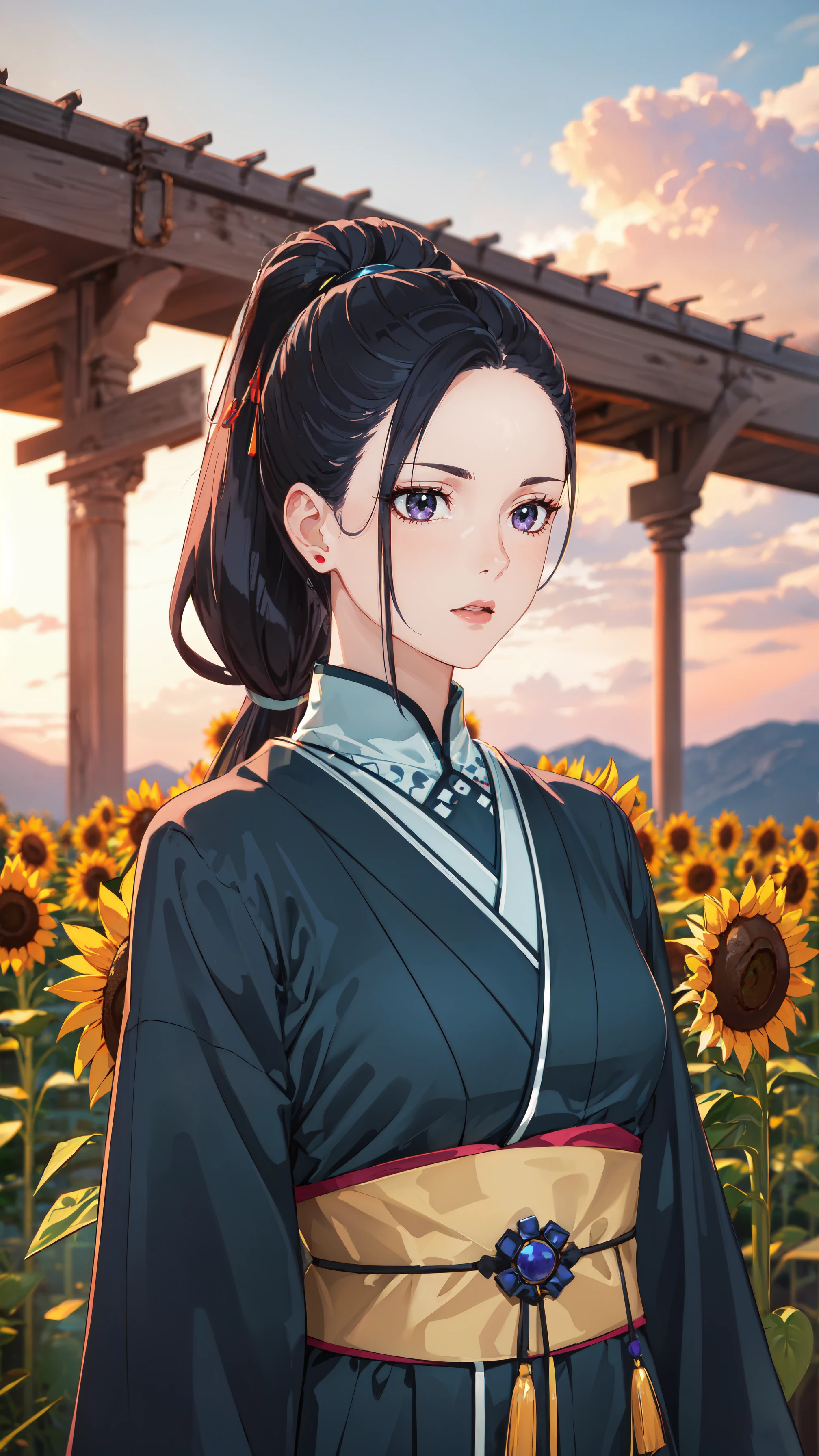 photorealistic, (4k), depth of field, (Masterpiece), (realistic skin texture), extremely detailed, intricate, hyper detailed, professional photography, bokeh, high resolution, sharp detail, best quality, woman, long hair, black hair, ponytail, hairpin, purple eyes, blue kimono, (blue obi), <lora:GoodHands-vanilla:0.4>, <lora:detail_slider_v4:0.8> , dynamic pose, (contrapposto), <lora:Sairitz Kahara-000004:0.7>, (field:1.5), pedals, wind, sunset, open field, (sunflower:1.3), colorful sly, clouds,