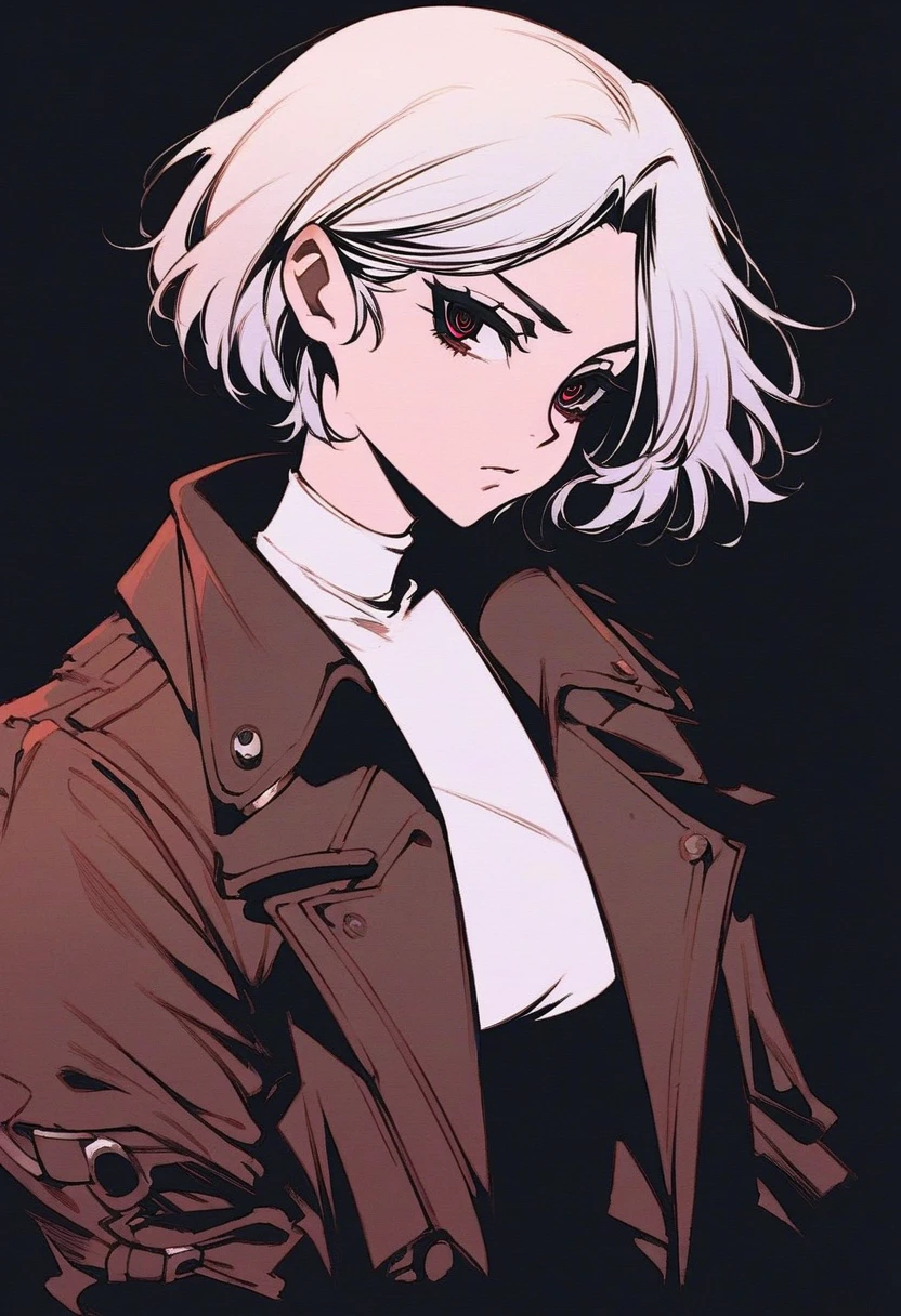 score_9, score_8_up, score_7_up,<lora:Deep_Ink_Enhanced:1> 
1girl, solo, perfect face, cute face, black eyeliner, long eyelashes, [red eyes:0.7], white asymmetric bob hair, wearing leather jacket, white croptop, slim, upper body, city black background,
