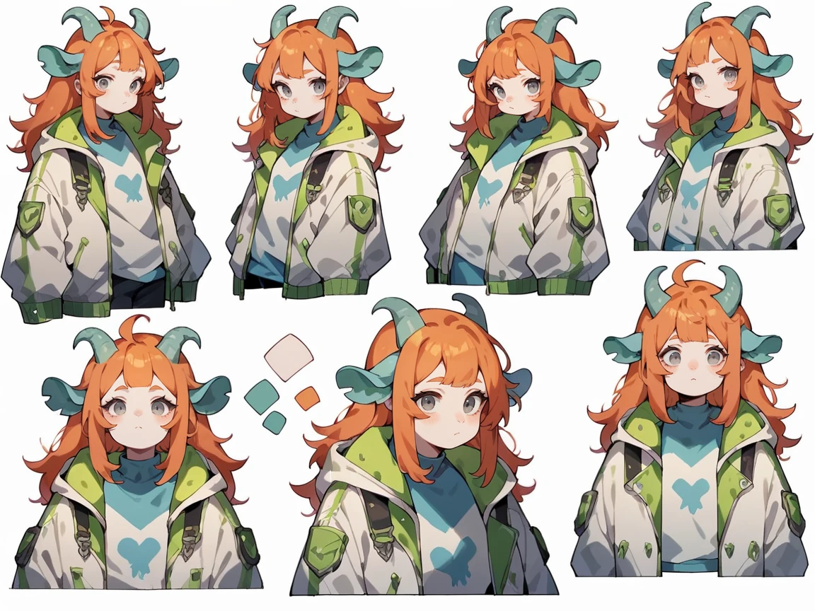 score_9, score_8_up, score_7_up, score_6_up,  <lora:cut3ch4rXLP:0.8> cut3ch4r, 1girl, multiple views, jacket, long hair, (green|blue goat horns), white background, ginger hair, plump, grey eyes,