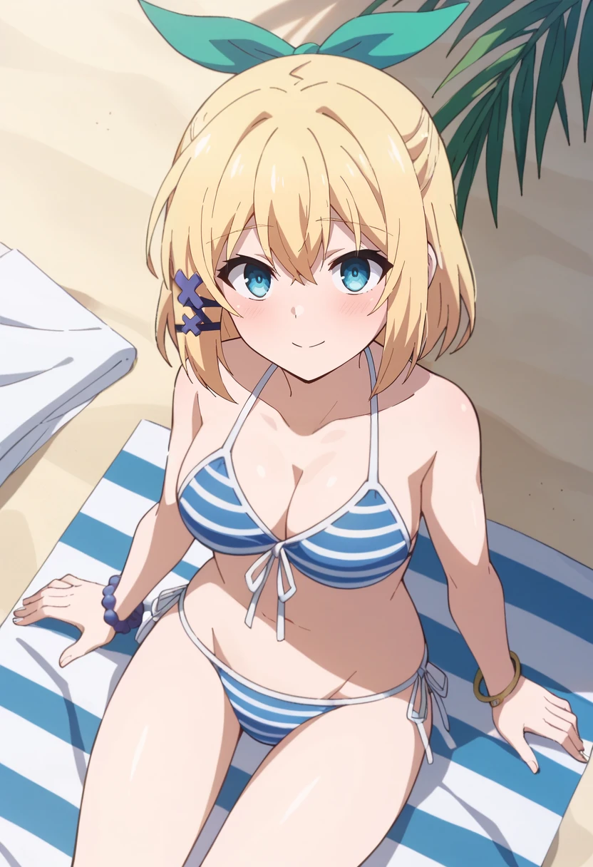 Woman in a bikini sitting on a ledge surrounded by blue flowers,Ogipotato, Anime screenshots, high quality + Masterpiece, One girl, Blue Butterfly,