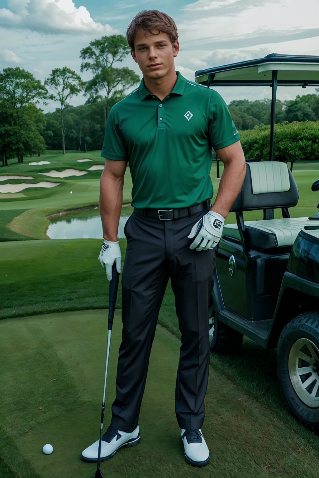 fairway of a golf course, standing on the grass, golf cart in the background, ClarkEckhart, wearing polo shirt, (Argyle golf pants), golf shoes, golf gloves, (holding golf club), golf ball on the ground, (wide angle), (((full body portrait))) <lora:ClarkEckhart:0.8>