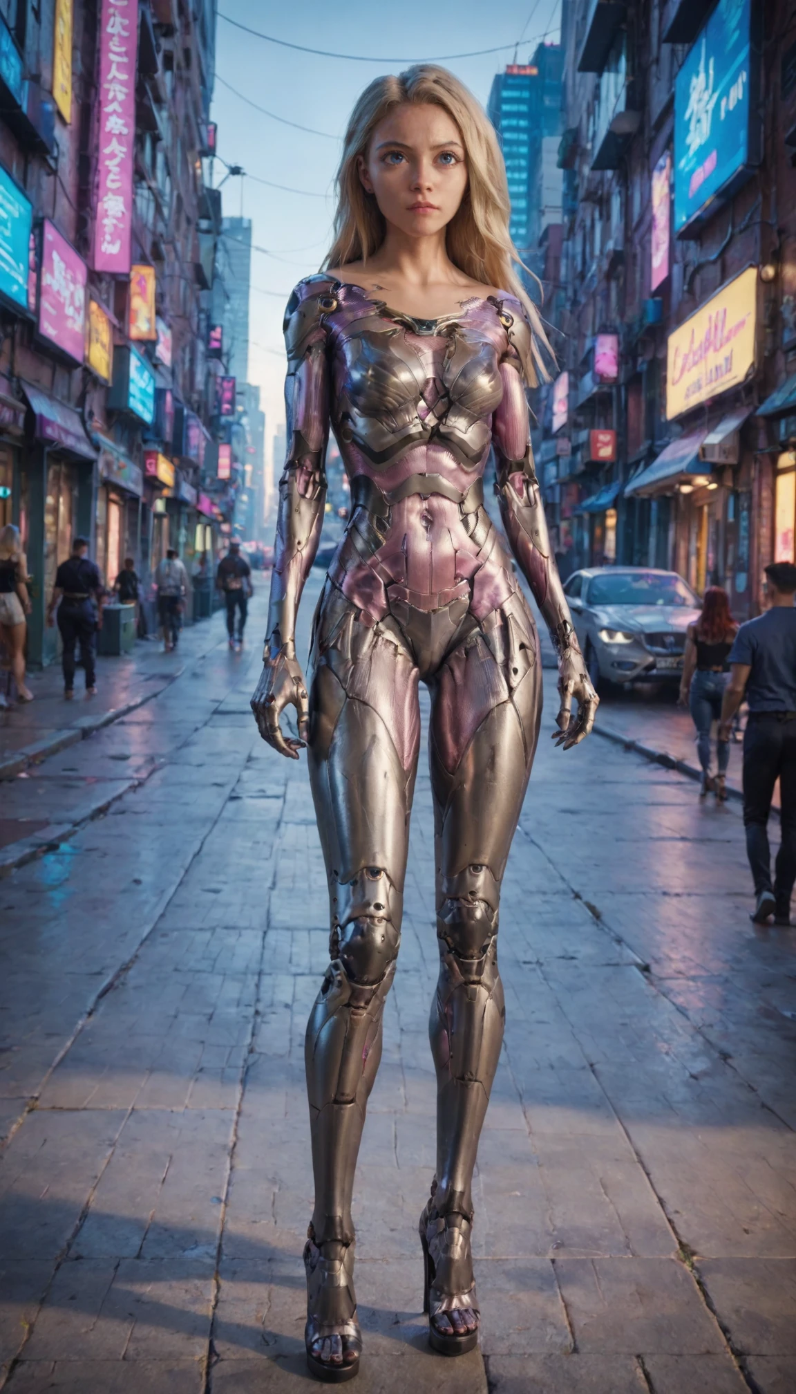 1girl,  cyborg, high heels, stand, full body, cyberpunk, future city, long hair, blonde hair,  masterpiece, best quality, 8k, score_9, score_8_up, score_7_up, On a busy city street