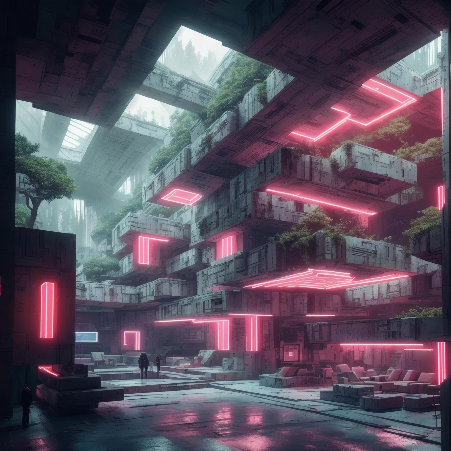 interior of house, cyber, brutalist, nature, the landscape inside, many trees, future shape, morning atmosphere, fresh lighting, neon light, 4k, detail, trending on Artstaion








