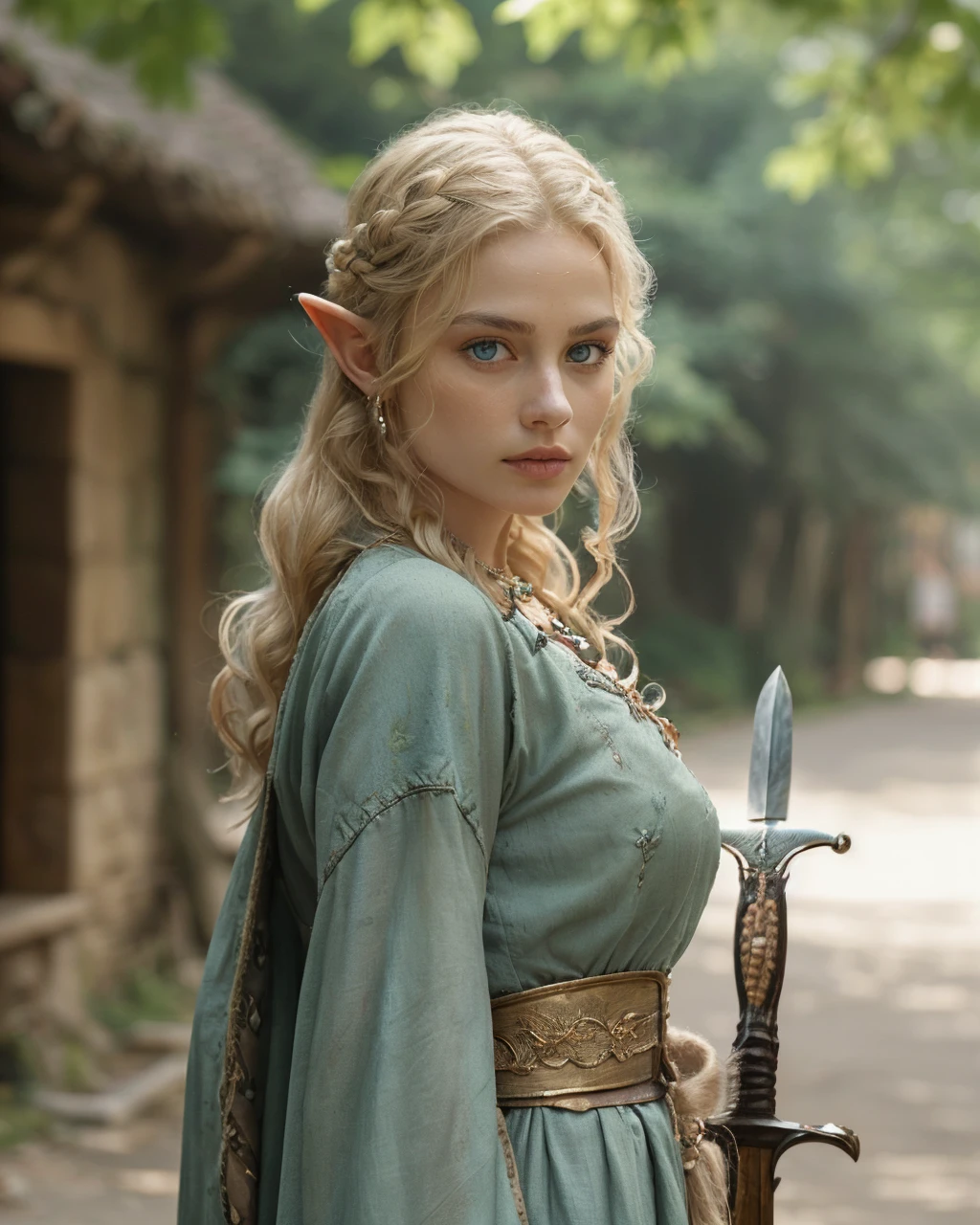 best quality, masterpiece, raw, realistic,

rpgelf walking towards the viewer in a medieval town, 
female, 1girl, necklace,  detailed eyes,
blonde hair, long hair, outdoors, pointy ears,
green eyes, jewelry, dress, sword:1.2,

sunny day, blue skies,
natural light,

depth of field, blurry background,