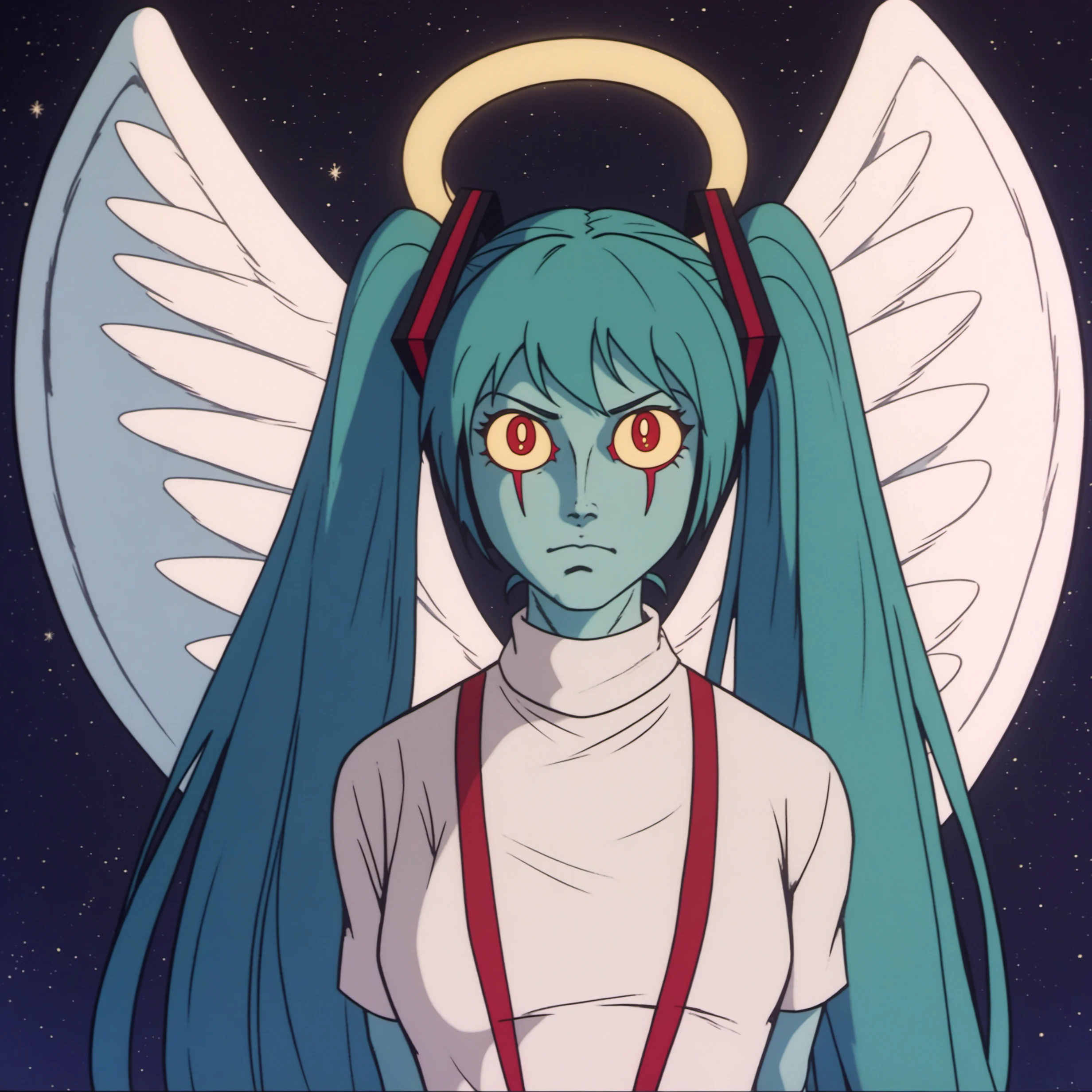 (DZVZRG:0.8), (score_9, score_8_up, score_7_up, score_6_up, source_anime:0.7), (MCDevil:1.1), solo, 1girl, catgirl, hatsune miku, long twintails, blue hair, white gown, angel, angel wings, golden halo, dark background, upper body, closed mouth, (blue skin:1.1), looking at viewer, arms behind back, blue theme, night, highres, 4k, 8k, intricate detail, cinematic lighting, amazing quality, amazing shading, soft lighting, Detailed Illustration, anime style, wallpaper, white animal ear fluff