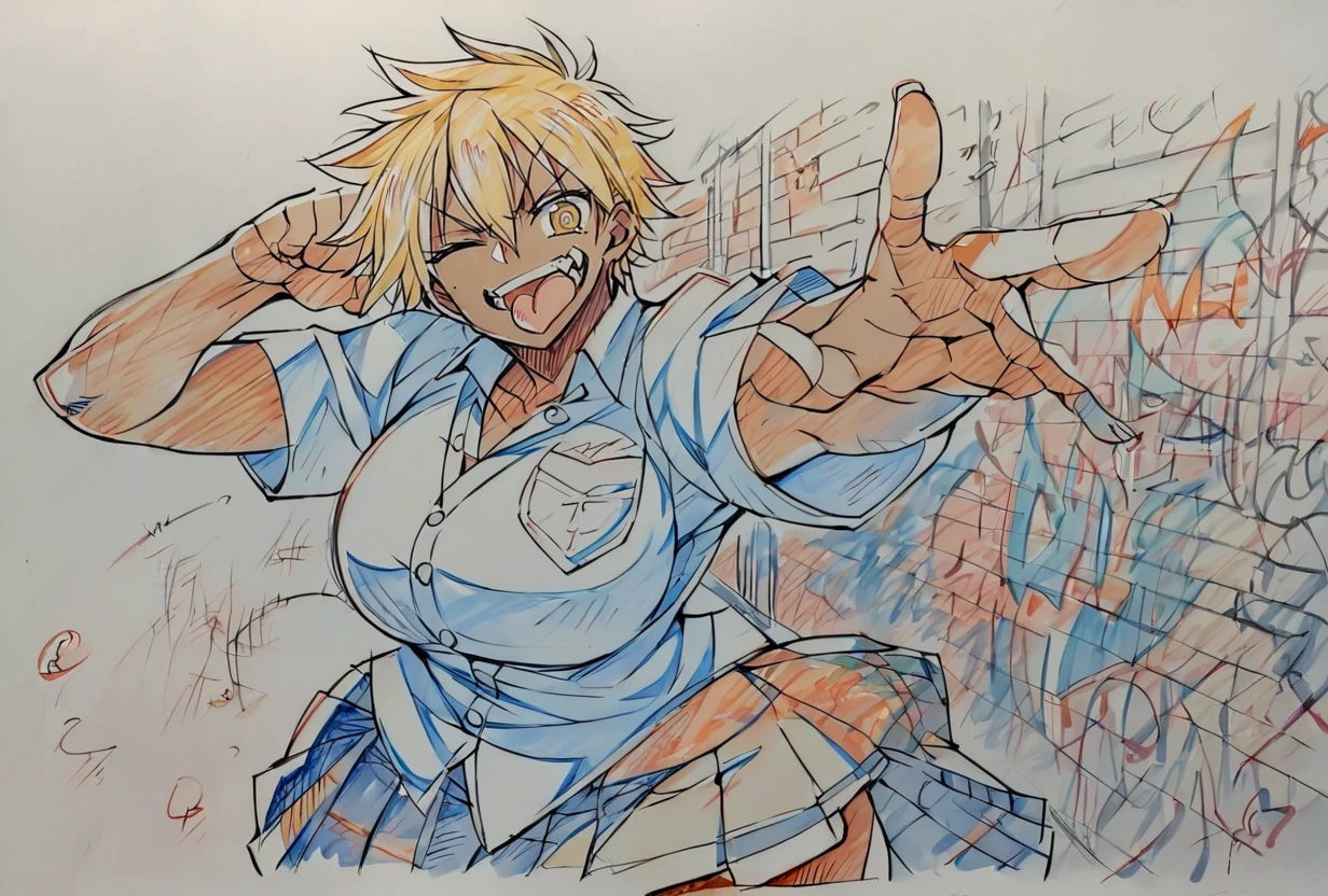score_9, score_8_up, score_7_up, 1girl, dark skin, yellow eyes, curvy, huge breasts, wide hips, tomboy, gyaru ,from side, front, cute pose, angry, looking at viewer, simple white background, dynamic pose, cowboy shot, white socks, school uniform, lay on subway, graffiti, urban city, sexually suggestive, sexy, one closed eyes, tongue out, white socks, squeezing thighs,
<lora:KeyFrameXLP_Style:1>KeyFrameXLP, color trace, traditional media, sketch, colored pencil (medium), txt, keyframe,