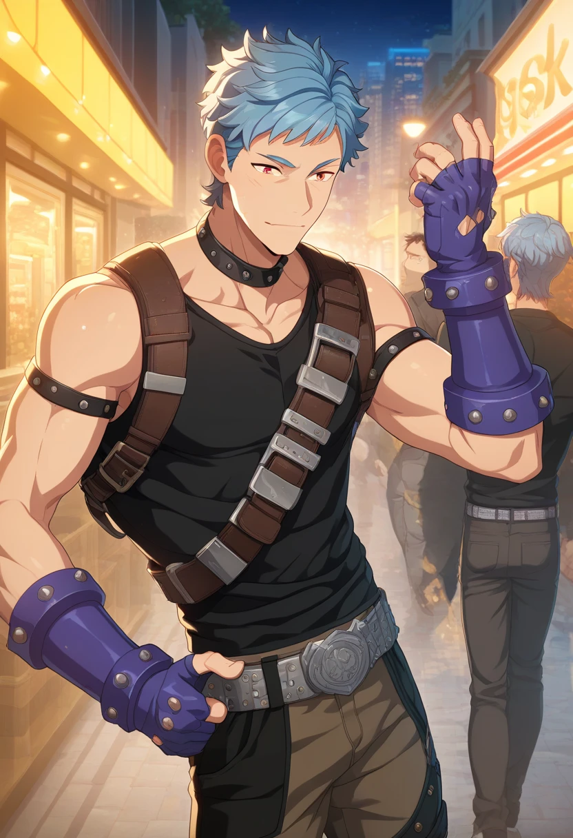 2boys, male focus, multiple boys,
<lora:Character_-_Helios_Rising_Heroes_-_Asch_Albright:1> asch, blue hair, orange eyes,
((zPDXL)), score_9_up, score_8_up, score_7_up, score_6_up, score_5_up, score_4_up, best quality, amazing quality, best aesthetic, absurdres, year2023, nsfw, game cg, official art, official style, anime screencap,
outdoor, city, black tank_top, fingerless gloves, belt, brown pants, belt, standing, night, belts,