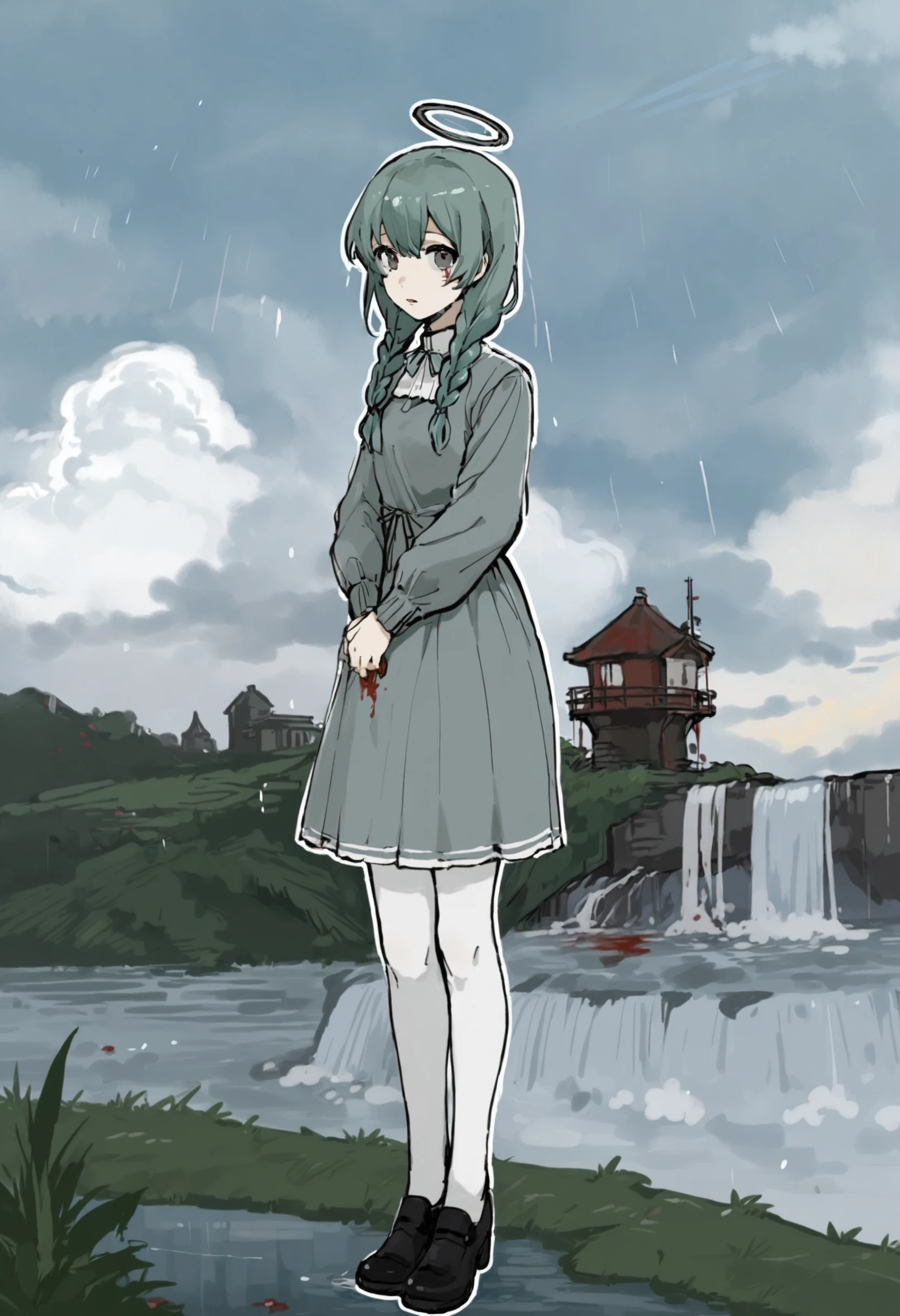 masterpiece, best quality,1girl, solo, (outline:1.3), white pantyhose, yandere, waterfall, rainbow, scenery, sky, cloud, water tower, tower, halo, twin braids, looking at viewer, rain, dress, black footwear, blood, outdoors, knife, pantyhose, blood writing, long sleeves, grass, water, london \(jade hair\), white outline, braid, standing, grey eyes
<lora:killowXLlokr8f-000178:0.95>
