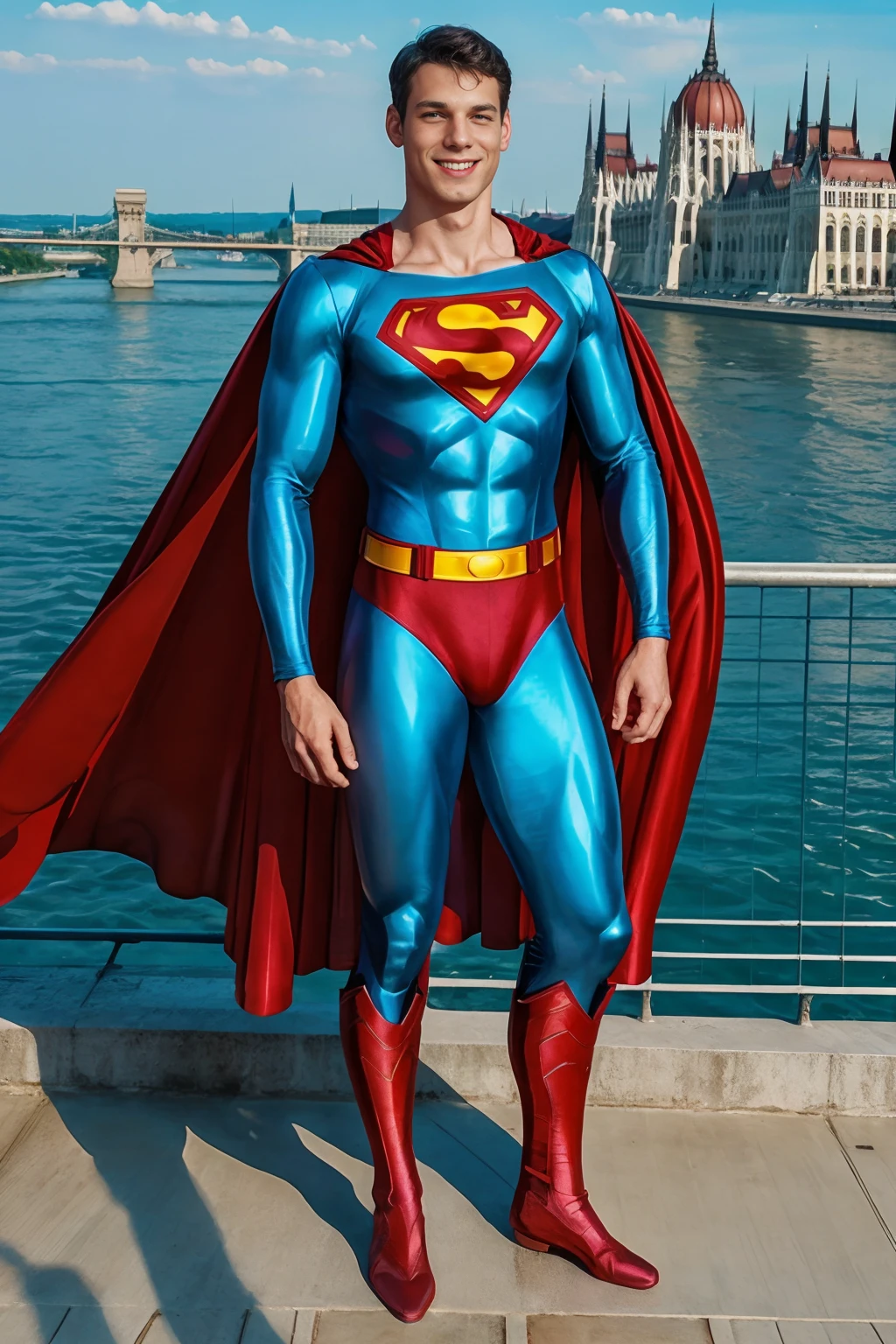 Budapest Parliament building, standing on a bridge over the Danube river, grinning, muscular ClarkEckhart, wearing a classic superman suit, slight metallic sheen, red cape, (((full body portrait))), wide angle, looking at the camera <lora:ClarkEckhart:0.8> <lora:Superman Classic - Life Like Diffusion:0.72>