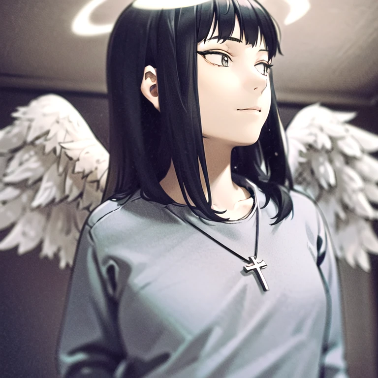 Stacked papercut art of <lora:Reki:0.85>, 1girl, solo, long hair, black hair, halo, angel wings, school uniform, 
cross necklace, 
, 
, 
, 
,eyelashes, 
Shoked, 
profile, 
, 
, 
,  . 3D, layered, dimensional, depth, precision cut, stacked layers, papercut, high contrast