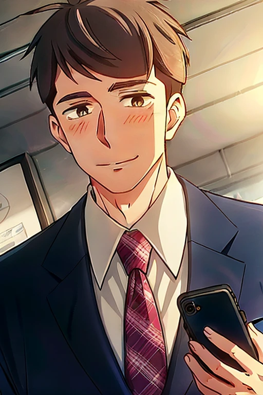 (((best quality,masterpiece,Ultra Details))),refined rendering,Anime style,1boy,male focus,solo,shirt,kentaro,necktie,suit jacket,formal,short hair,portrait,upper body,black eyes,long face,blush,smile,holding a smartphone,portrait,upper body,indoors,in the office,<lora:Kentaro V3-000011:0.7>,<lora:add_detail:0.75>,((Stare,worm's eye view,extreme close-up view,Snoot lighting)),