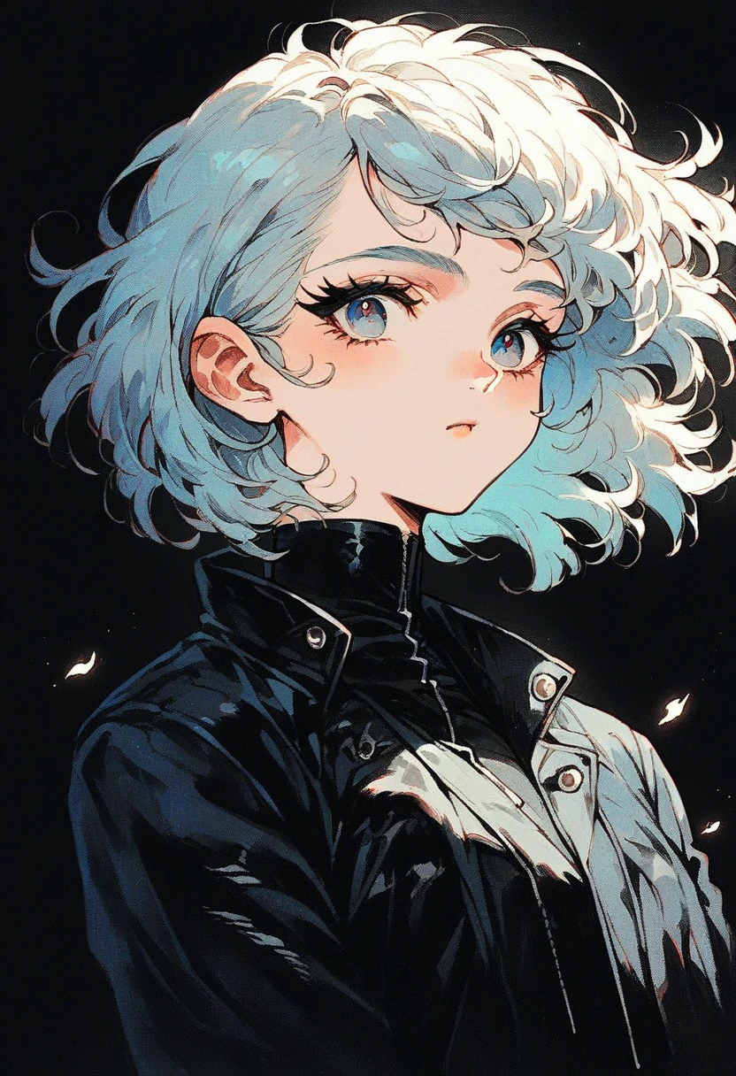 score_9, score_8_up, score_7_up, source_anime, <lora:Kenva_Enhanced:1> knva, [halftone effect, retro artstyle:0.7],  1girl, solo, perfect face, cute face, black eyeliner, long eyelashes, [red eyes:0.7], white asymmetric bob hair, wearing leather jacket, white croptop, slim, upper body, city black background,