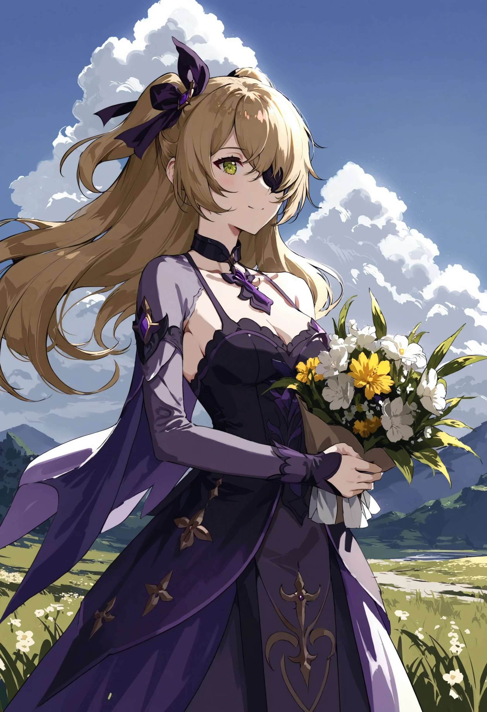 masterpiece, best quality,1girl, fischl \(genshin impact\), solo, flower, bouquet, two side up, long hair, blonde hair, green eyes, holding bouquet, hair over one eye, eyepatch, holding, outdoors, yellow flower, closed mouth, sky, yellow eyes, hair ribbon, white flower, ribbon, cloud, long sleeves, day, smile, collarbone, collar, cloudy sky, standing, black hair, breasts, bridal gauntlets, grass, cleavage, black ribbon