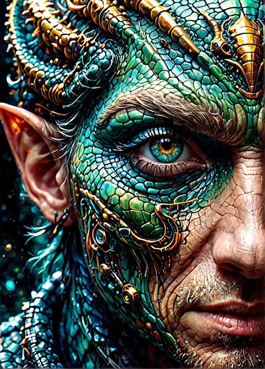 female human dragon hybrid, covered in matte scales as skin, extreme close-up, striking reptilian eyes, dragon horns, bald, braided ponytail, exudes confidence and power, sunet, rim lighting, cold colors. style of Don Lawrence, style of (Will Murai:1.2), style of (Greg Rutkowski:0.8), <lora:SDXLFaeTastic2400:1.0>,
<lora:Hyper-SDXL-8steps-lora:1.0>