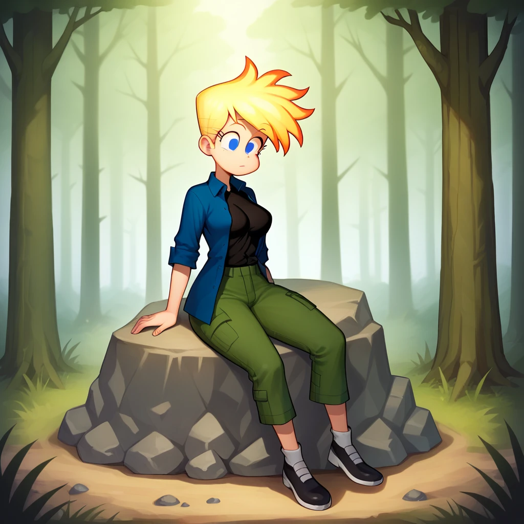 score_7_up, BREAK, 1girl, solo, jenny, blonde hair, blue eyes, black shirt, open blue shirt, open shirt, pants , <lora:JennyTest_XL_Leaf1:0.8>, forest, sitting on rock