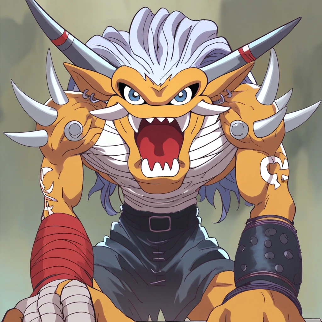 score_9, score_8_up BREAK Ogremon, digimon (creature), muscular male, large muscles, 1boy, solo, long white hair, spikes, tattoo, bracelets, bandages, loincloth, looking at viewer, open mouth, teeth