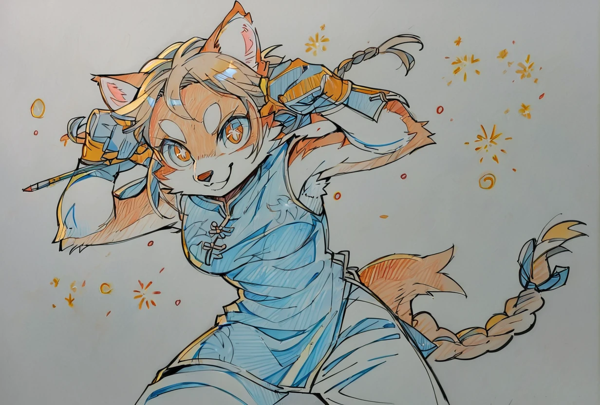 score_9, score_8_up, score_7_up, cute wolf girl, furry, fireworks, china dress, big gloves, braid, pants, tail, brown hair, epic pose, light smile, bright pupils, particles around, splash art, looking at viewer, cowboy shot, dynamic pose, smile, cute, wide shot, solo, dutch angle, simple white background,
<lora:KeyFrameXLP_Style:1>KeyFrameXLP, color trace, traditional media, sketch, colored pencil (medium), txt, keyframe,