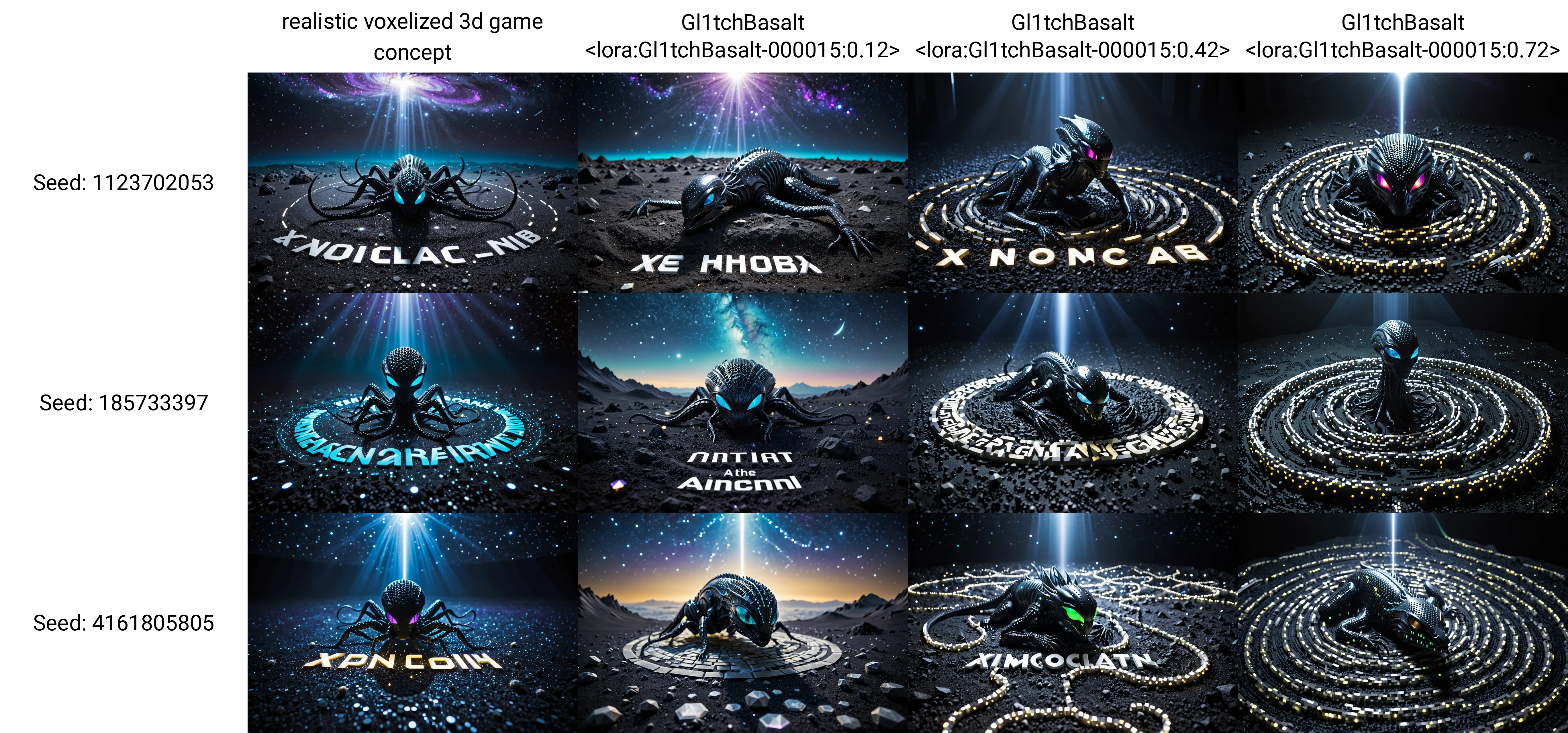 realistic voxelized 3d game concept, (text "XENOCLAB":1.4) on the ground in background, (one eerie low-poly voxelized xenomorph:0.625), black intricate alien skin with pores, looking at viewer, bright lights, softbox lighting, full body
BREAK mesmerizing and evocative artwork with an infinite expanse of swirling galaxies and nebulae and stars made of hexagonal voronoi-shaped voxels. The cosmic canvas is alive with vibrant hues of deep blues, rich purples, and shimmering silver, creating a breathtaking celestial tapestry that dazzles the eye. In the heart of this cosmic symphony, a radiant, golden light emanates from a central point, symbolizing the eternal cycle of creation and rebirth. The ethereal glow casts a warm, comforting light upon the cosmic dance, infusing the scene with a sense of timeless beauty and wonder. As you gaze upon this magnificent vision, you feel a profound sense of awe and reverence for the boundless expanse of the universe and the eternal mysteries that lie beyond.
BREAK shallow dof, swirly bokeh, led lights in smooth background with bokeh, moody cinematic <lora:JuggerCineXL2:1>